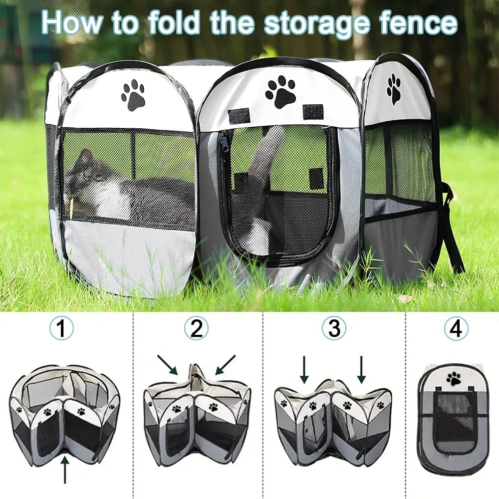 TOMVAES Dog Playpen, Oxford Fabric Dog Fence Octagon Dog Crate PVC Pipe Frame Breathable Mesh Double Openings Removable Zipper Top and Bottom,Grey image number 4