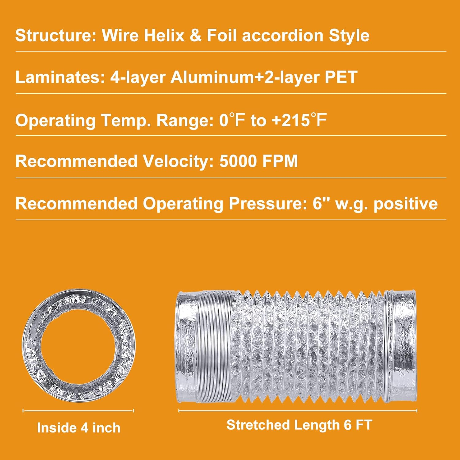 Heavy Duty 4"Flexible Dryer Vent Exhaust Duct Hose 6 Feet, Extra Thick(6-Ply) Aluminum Foil HVAC Ducting Kit with 4 Clamps image number 3