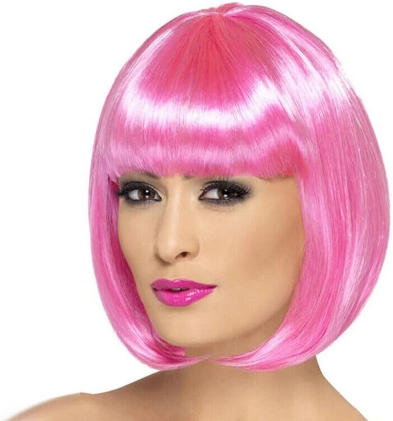 AIMALL Womens Short Straight BOB Sleek Hair with Bang Synthetic Cosplay Wig Wigs Party - Vibrant Synthetic Hair - Dark Pink image number 5