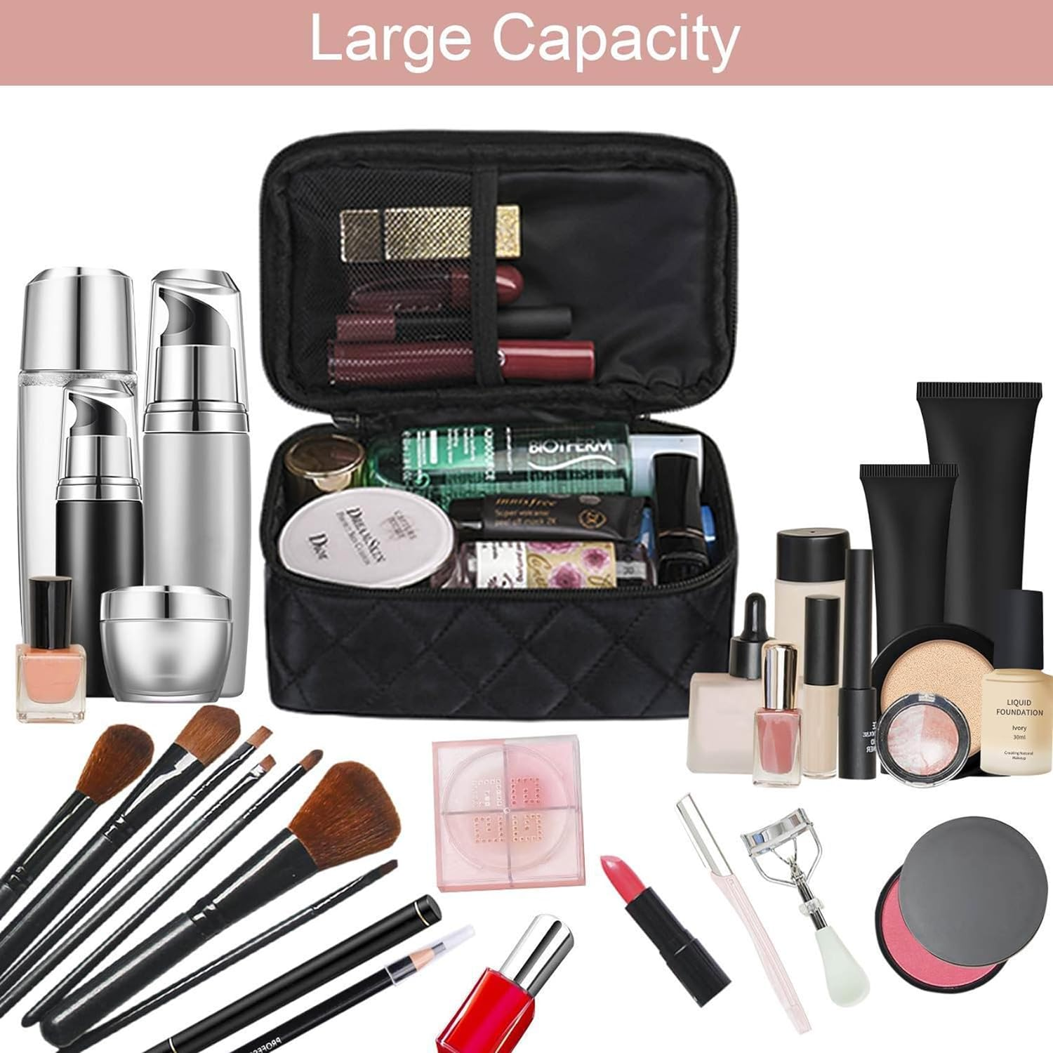 Leberna Makeup Bag Organizer for Women, Travel Cosmetic Bag Waterproof with Brush Compartment and Mirror Portable Double Layers Large Capacity Make up Case image number 1