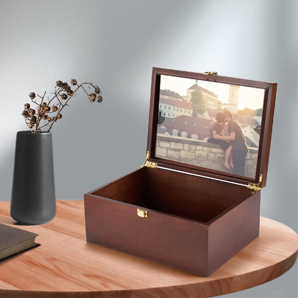 Larger Wooden Memory Keepsake Boxes with Hinged Lids and a Photo Frame inside the Lid - Decorative Storage Box with a Hinge Lids for Picture Letter Time Capsule - Wooden Gift Boxes，5.3&ldquo;*8.6&rdquo;*11.7&ldquo; image number 3