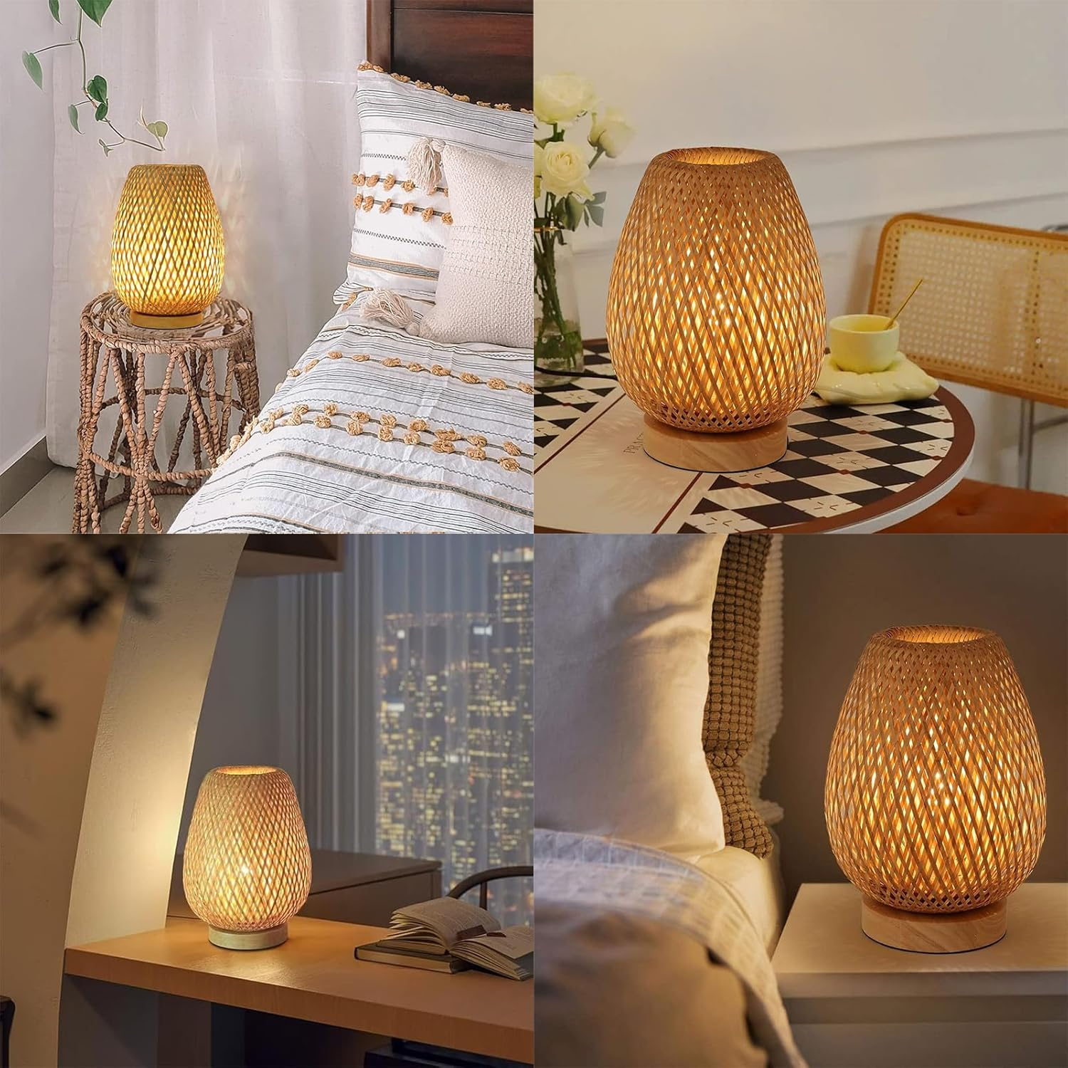 Handmade Bamboo Woven Table Lamp, 3 Color and Stepless Dimmable Small beside Lamp, Vintage Wooden Base Nightstand Lamp, Decorative Reading Light for Bedroom, Living Room, Kids Room. image number 1