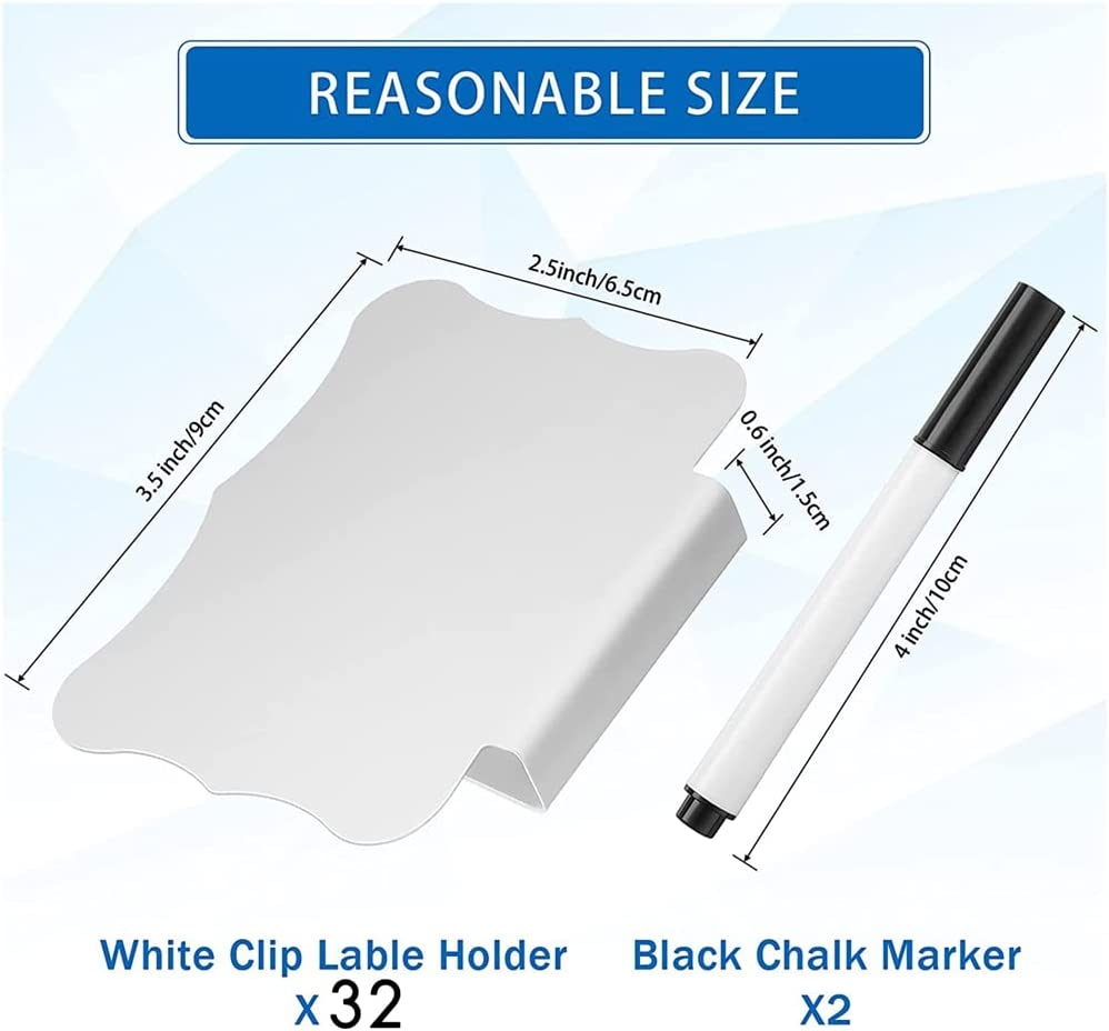 Label Clips Basket Clip on Label White Label Holdera 32 Pieces Basket Labels Clips and Pens Set Includes 32 Pieces Kitchen Clip Label Holder and 2 Pieces Chalk (White) image number 3