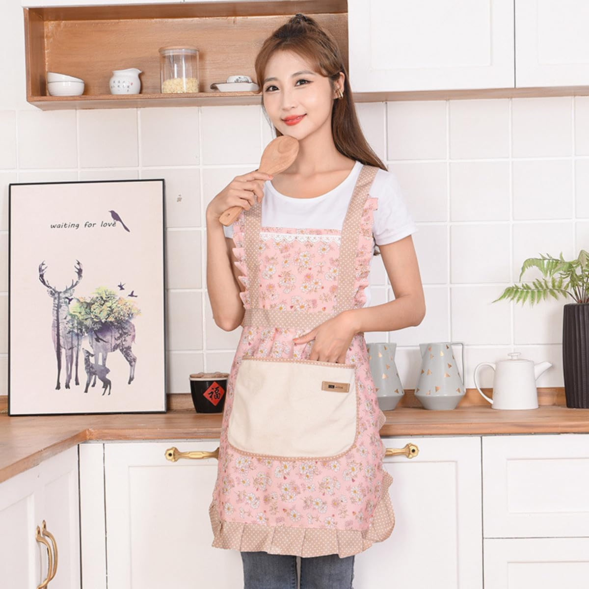 Kitchen Cooking Apron, Chef Apron Flower Aprons Cute Apron with Pockets for Women, Cotton Apron Kitchen BBQ Artist Painting Apron 1 Pack (Flower Pink) image number 1