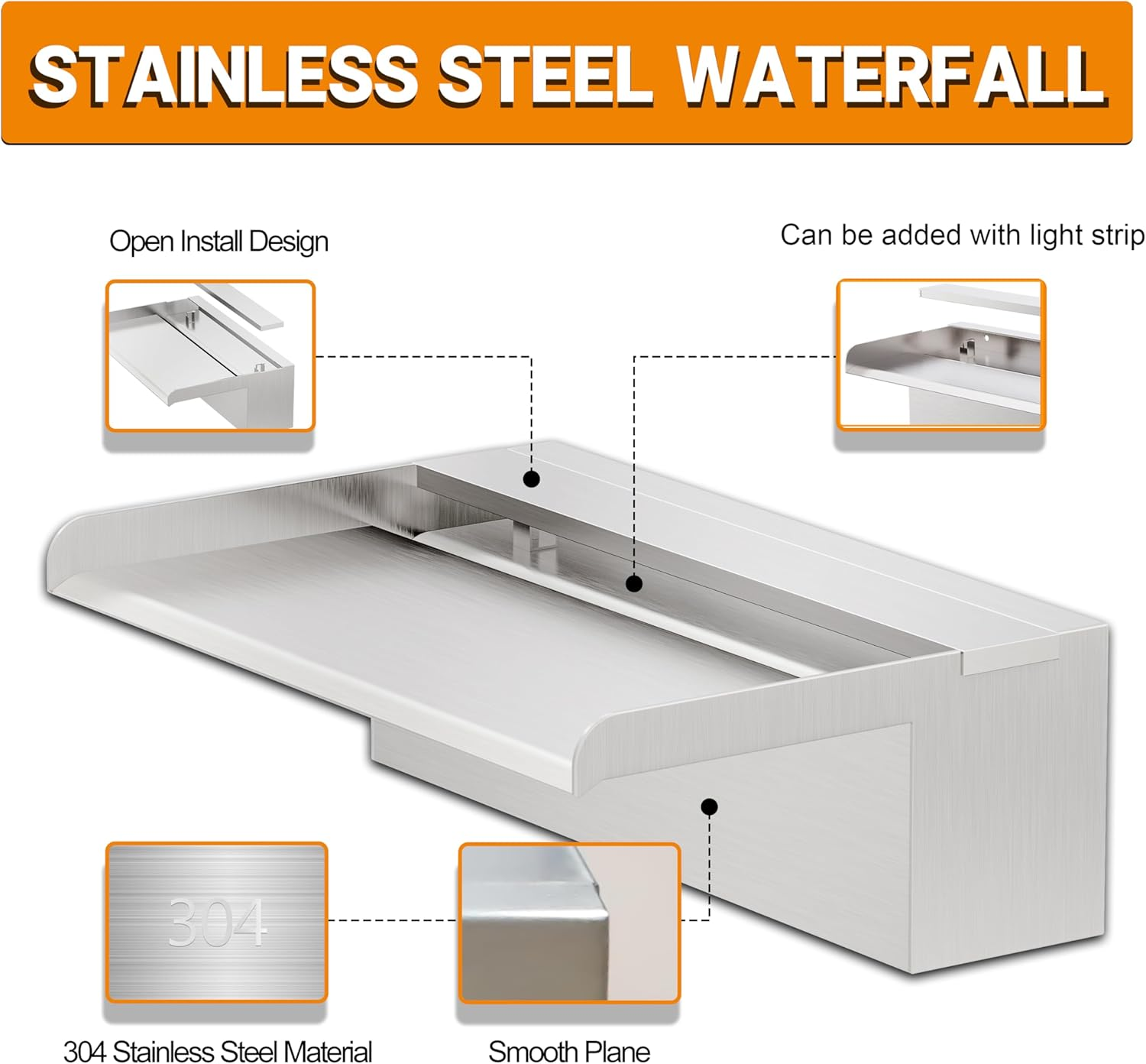 Pond Waterfall Blade Kit, 30Cm Stainless Steel Pool Fountain with Accessories, Width 20Cm Spillway Water Feature Waterfall Cascade for Garden Patio Pond Decoration image number 5