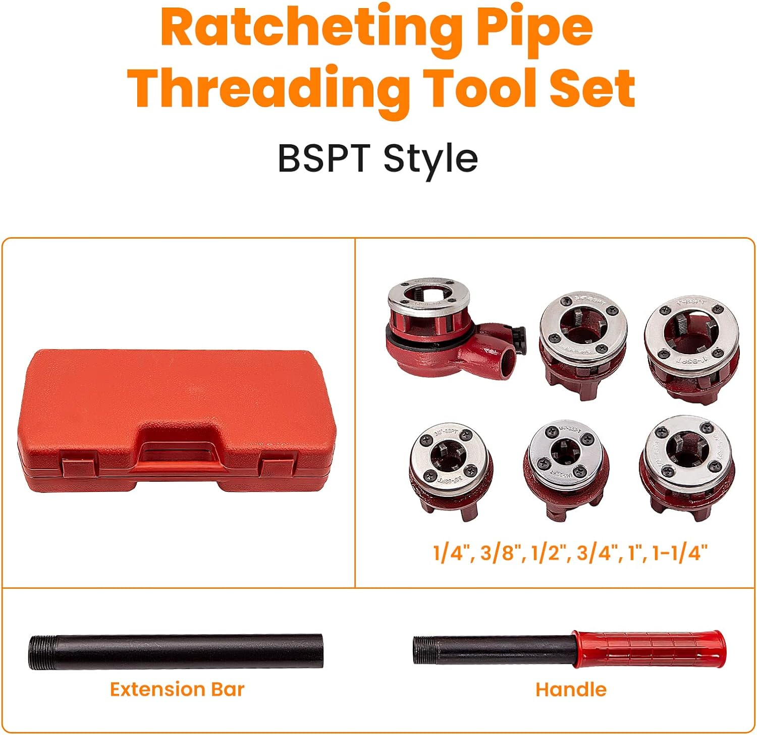 Maxpeedingrods BSPT Ratchet Pipe Threader Kit, Manual Ratcheting Pipe Threading Tool Set W/ 6 Dies 1/4", 3/8", 1/2", 3/4", 1", 1-1/4" for Metal and PVC Pipes image number 2