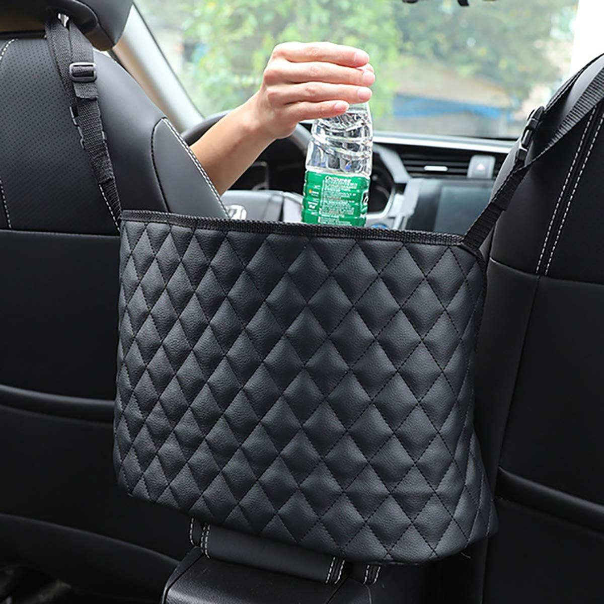 Car Purse Holder - Durable Leather Seat Back Organizer, Front Seat Storage Barrier, Pet & Kids Driver Storage Netting Pouch