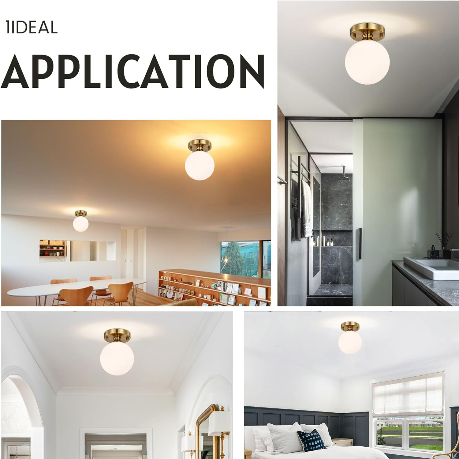 Gold Semi Flush Mount Ceiling Light 15Cm Globe Opal Glass Shade Mid Century Modern Hallway Light Fixture for Entryway Closet Bathroom Bedroom Laundry Room Easy Install image number 3