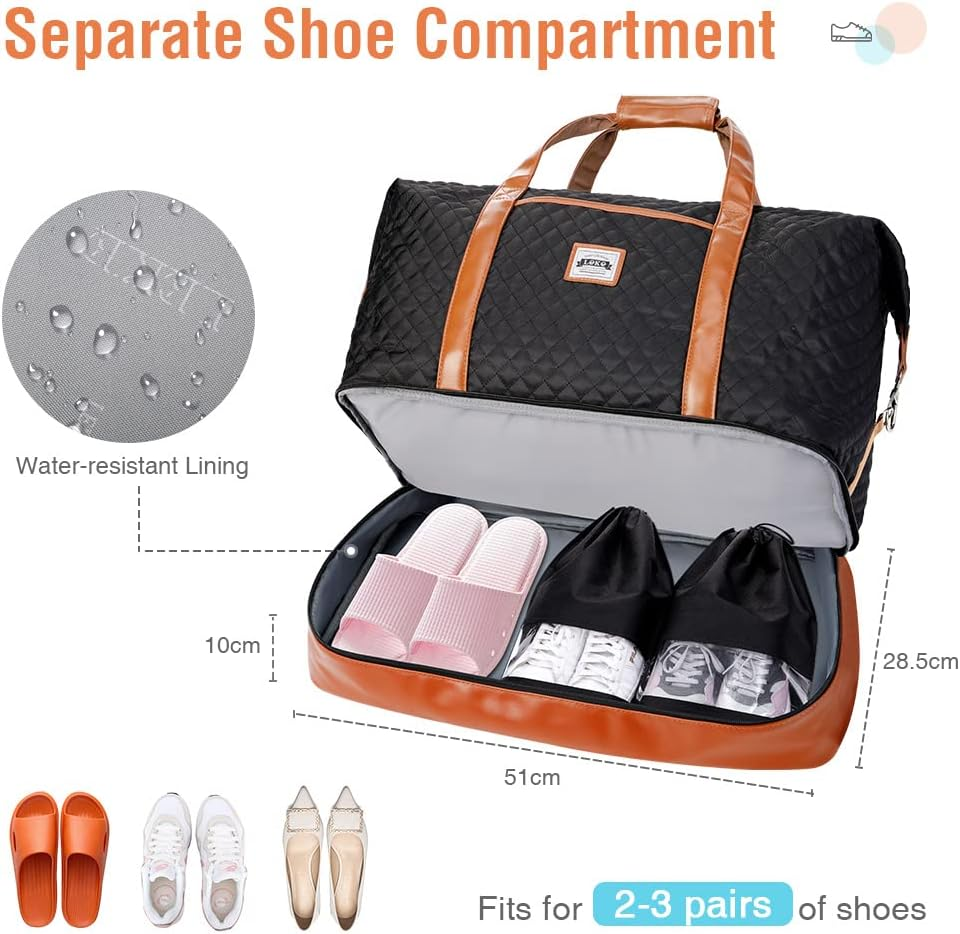 Lekebobor Travel Duffel Bag for Women, Overnight Weekender Bag with Toiletry Bag for Women, Waterproof Carry on Bag Hospital, Gym, Sport (50L, Black) image number 5