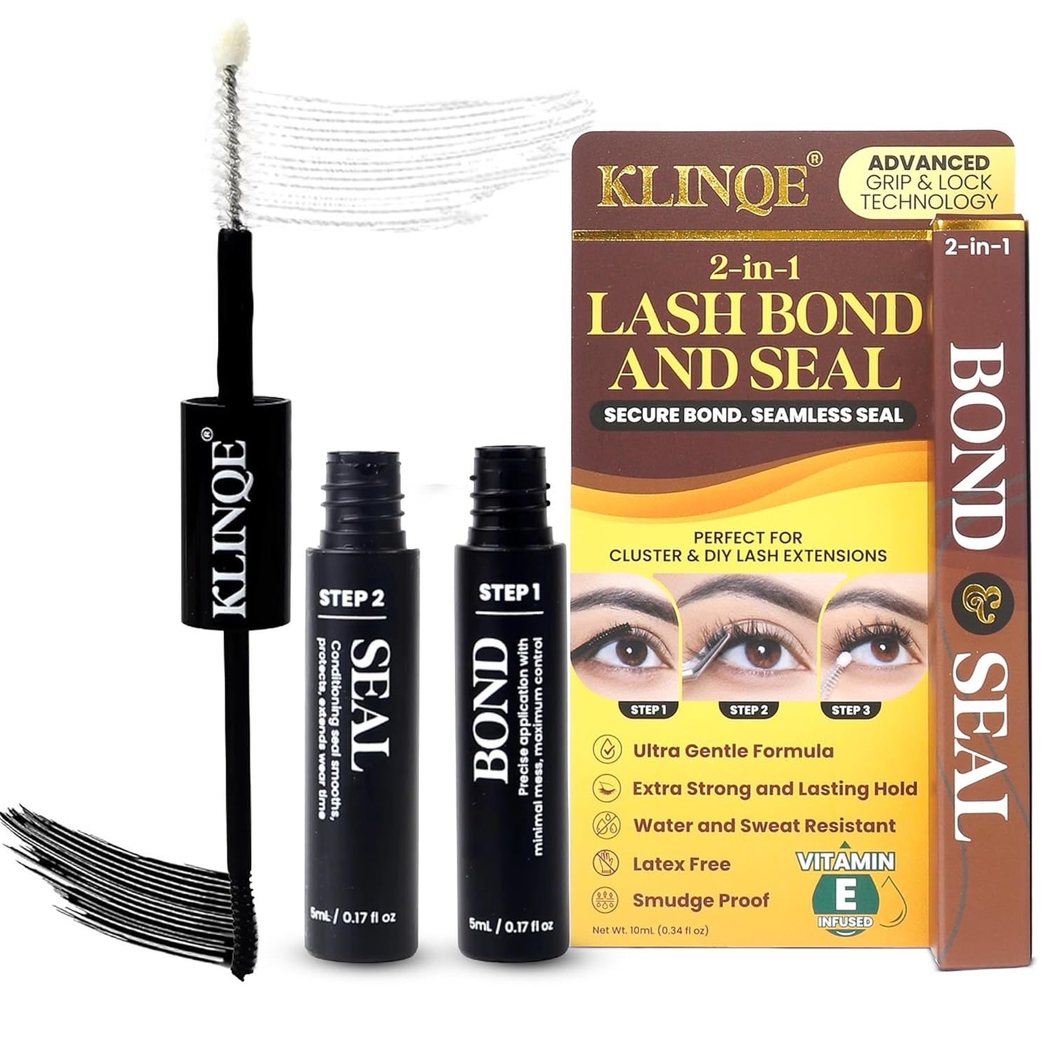 KLINQE Bond and Seal 2 in 1 Eyelash Glue &ndash; Waterproof, Long-Lasting Hold, Latex-Free Cluster Lash Adhesive for DIY Lash Extensions (Black Bond & Clear Seal, 10Ml) image number 6