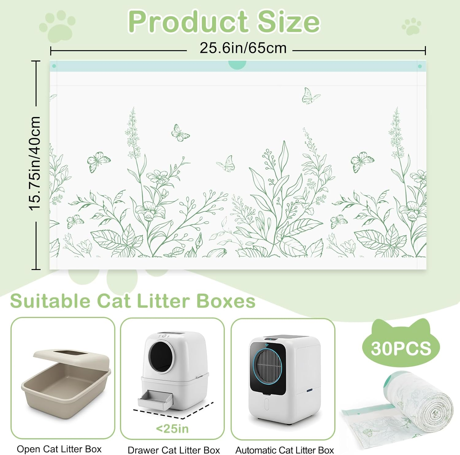 Glittme Cat Litter Box Liners 26"X16" - Heavy Duty Waste Drawer Bags for Automatic Self-Cleaning Litter Boxes - Leak-Proof, Tear-Resistant Refills for Small Trays (30 Counts) image number 2