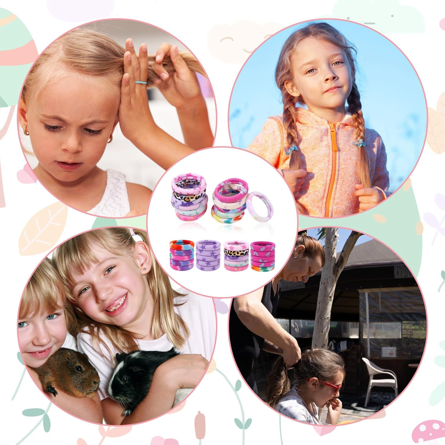 Pack of 60 Girls' Hair Bobbles, 4 Cm Coloured Nylon Hair Bobbles with Print, Soft and Comfortable for Daily Hairstyles, Colour Range for Girls Daily Combination, Ponytail Hair image number 6