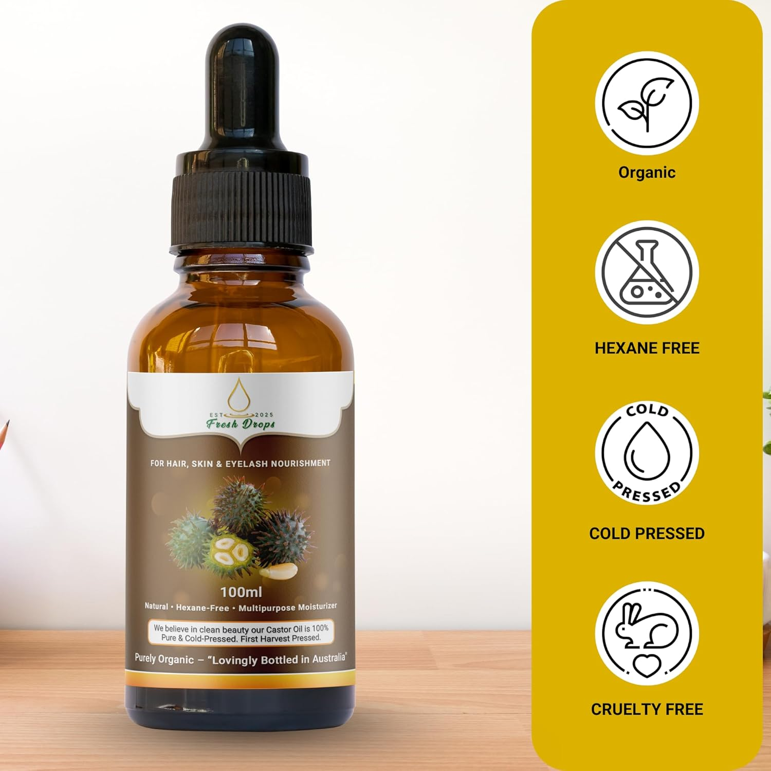 Fresh Dropsorganic Castor Oil100Ml, Pure Cold Pressed, Hexane Free, Fresh Drops- Stimulate Growth for Eyelashes, Eyebrows, and Hair, Smooth Face, and Skin image number 5