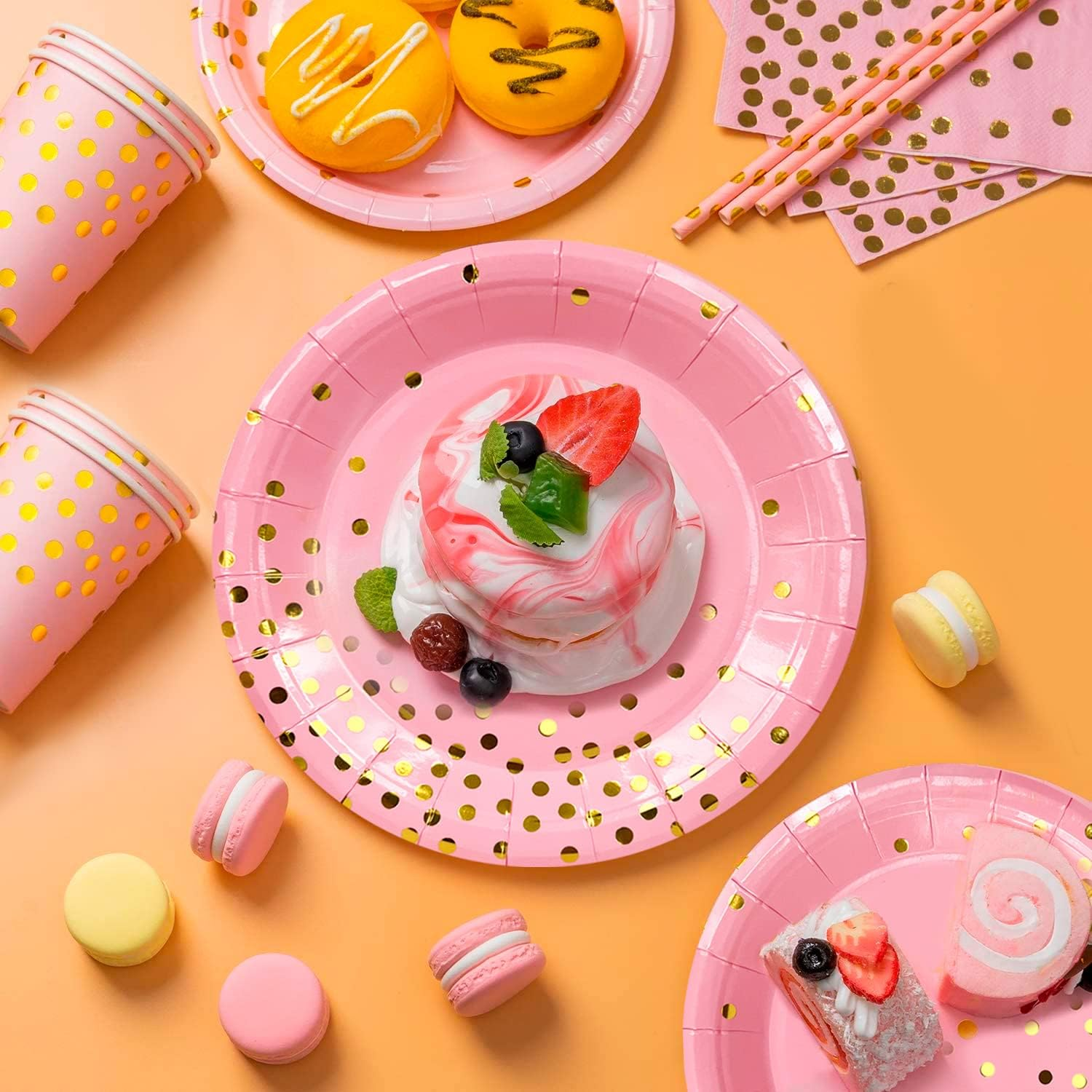 Pink Gold Party Tableware Set, 121Pcs Pink Dot Tableware Set Pink and Gold Paper Plates Cups Pink Gold Polka Dot Tablecloth Etc Pink and Gold Party Supplies Tableware
