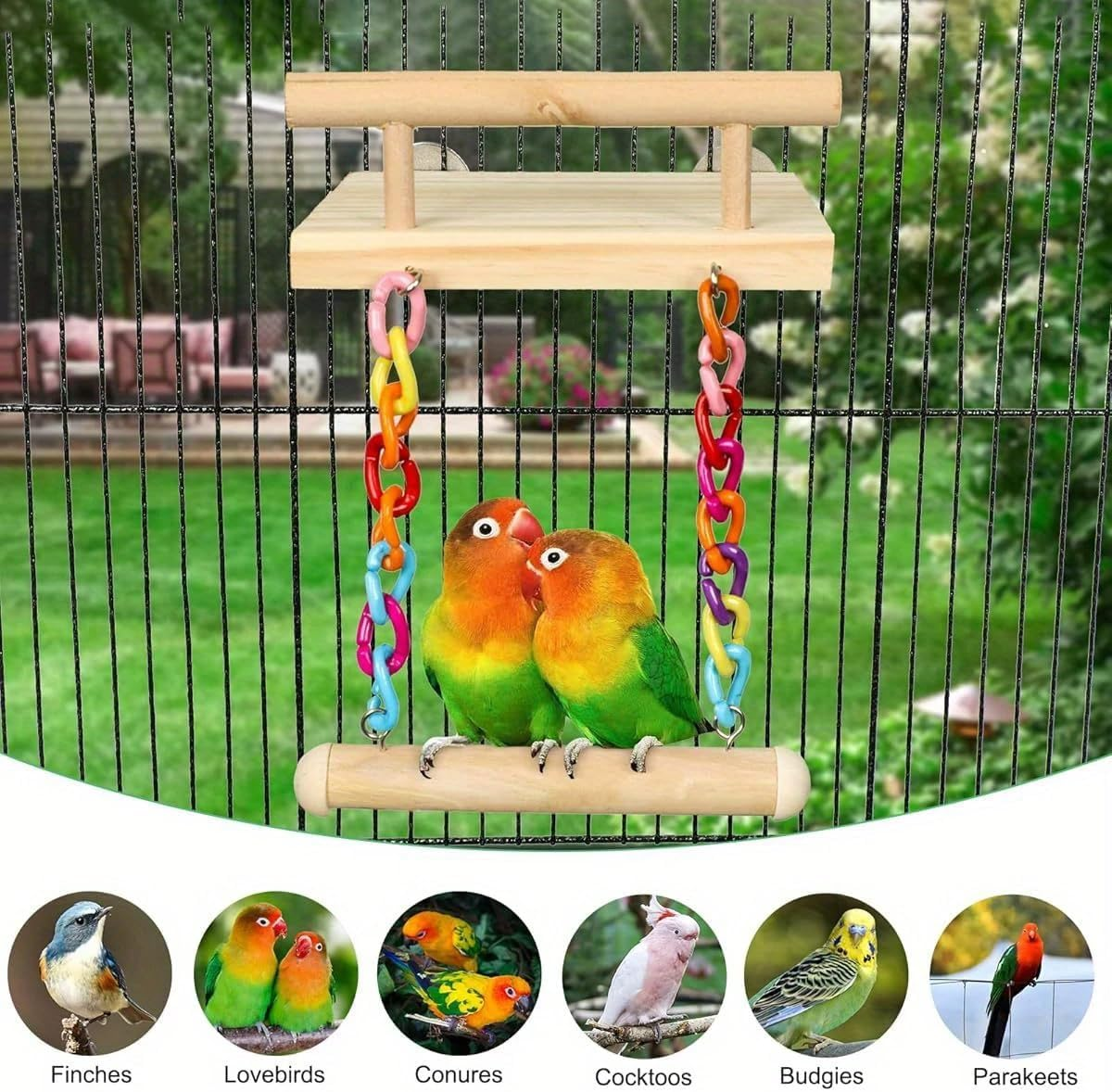 AIMALL Wooden Bird Swing with Platform for Small Parrots Cage Accessories Colourful Hanging Toy with Metal Hooks for Budgies Lovebirds Finches 5.5X4.7X6.7In - B image number 2