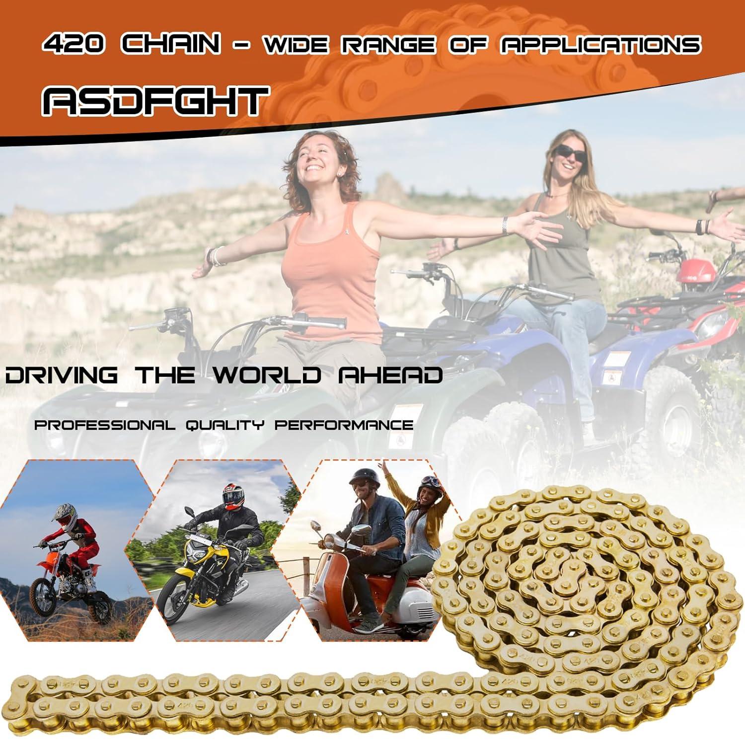 ASDFGHT 420 Motorcycle Chain 132 Link Gold image number 5
