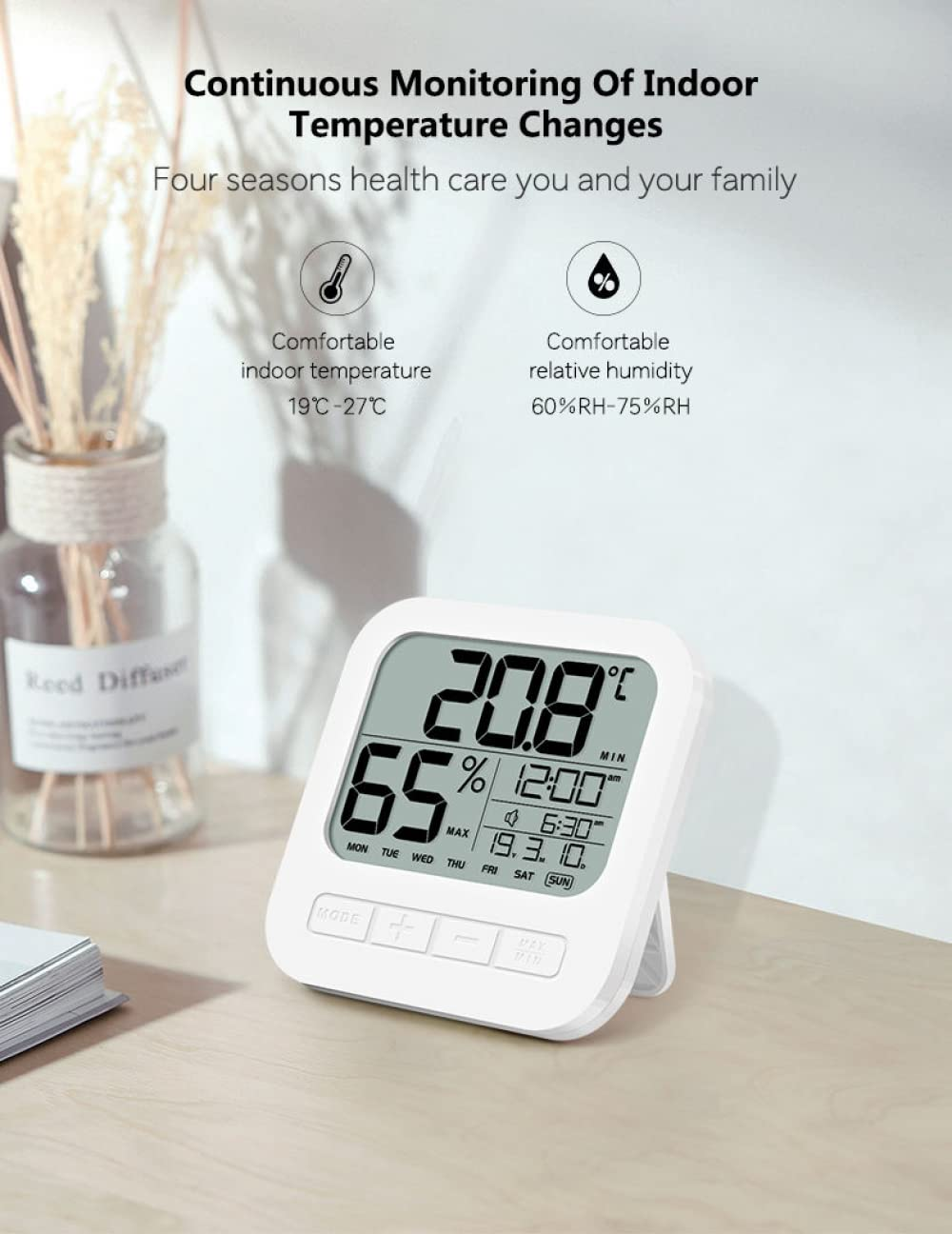 Indoor Digital Thermometer Hygrometer, Accurate Room Temperature Gauge Humidity Monitor with Alarm Clock- Easy to Read, Max/Min Records, LCD Display for Home Office image number 4