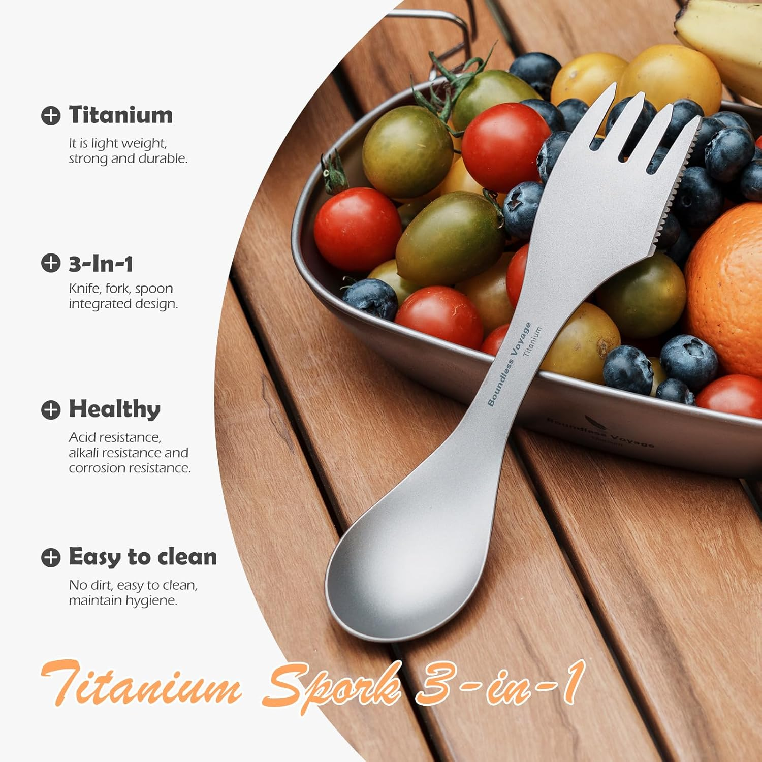 Boundless Voyage Titanium Spork Camping Spoon Fork Knife Combo with Bag Reusable Travel Utensils Ultralight Portabale Flatware for Outdoor Backpacking Hiking Picnic