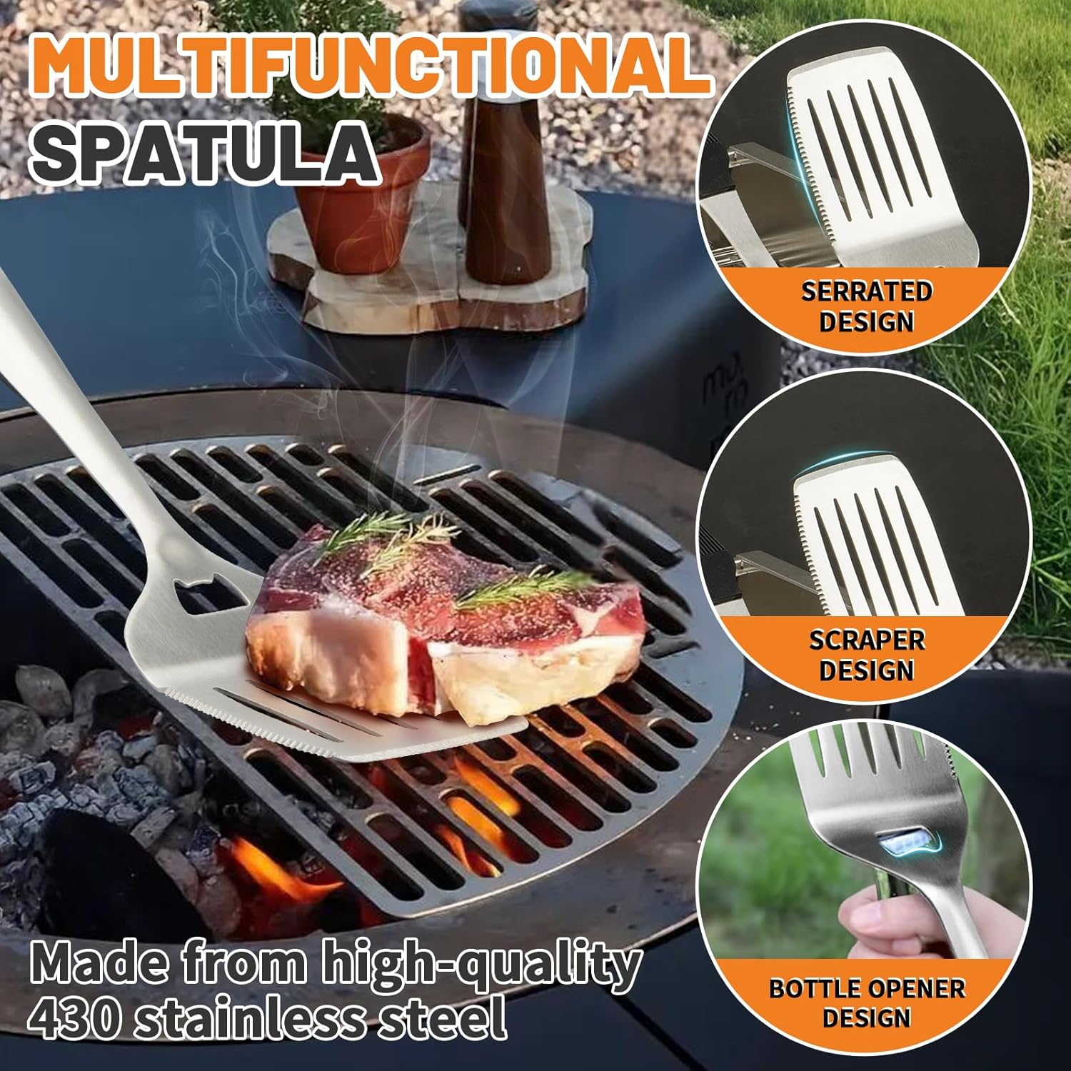 BBQ Tool Set, Stainless Steel Grill Accessories Tools for Outdoor Grilling Cooking Camping, Heavy Duty Grill Spatula, Tong, Fork, Basting Brush & Cleaning Brush, Travel Bag (Black) image number 4
