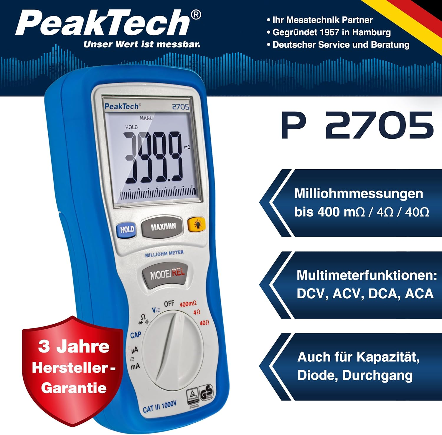 Peaktech 2705 Digital Milliohmmeter with 4-Pin Kelvin Test Leads, Resistance Measurements, T&Uuml;V/GS, Milliohm Meter, Current, Tester, Multimeter, Continuity Tester, CAT III 1000 V, P 2705 image number 6