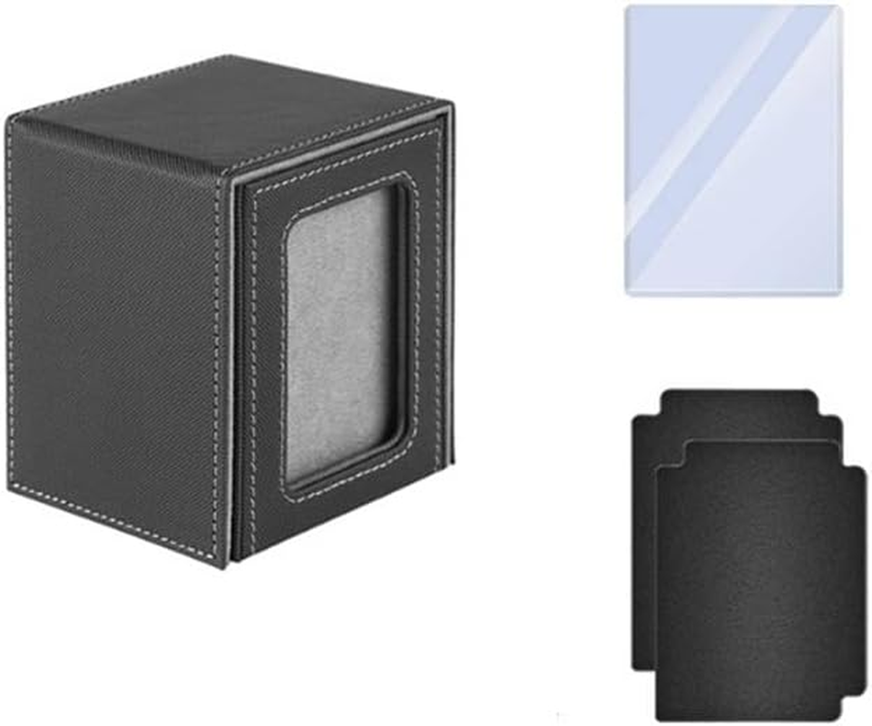 MTG Deck Box for Commander Display,Leather Deck Game Card Box Magnetic Card Game Box Case,Card Deck Box Fits 100 Double Sleeved Cards with 2 Dividers,1 Toploader (Black+Grey)