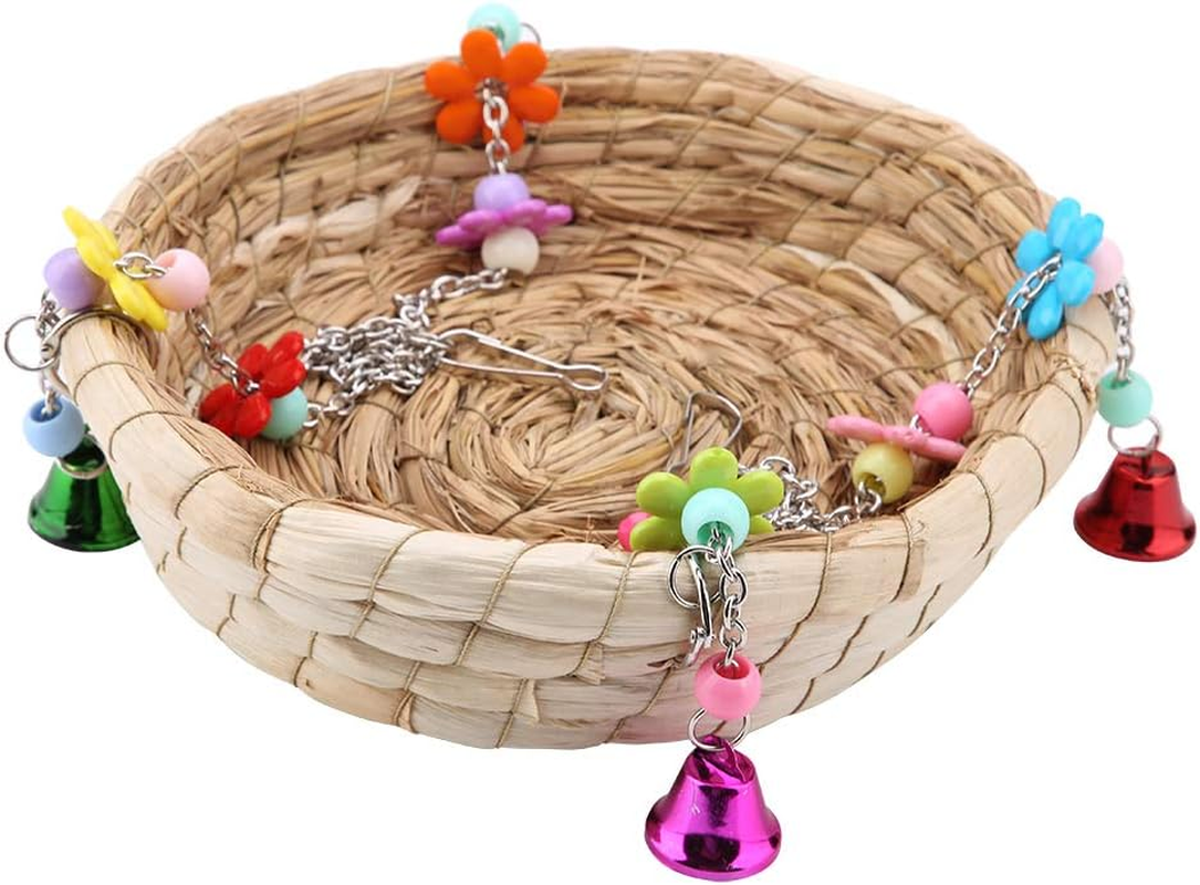 Bird Nest Bed Straw Nest Natural Hand-Woven Straw Nest Bed Swing Toy with 4 Metal Bells Toy for Budgies Cockatiels Parrots Parakeets Cage Toy image number 5