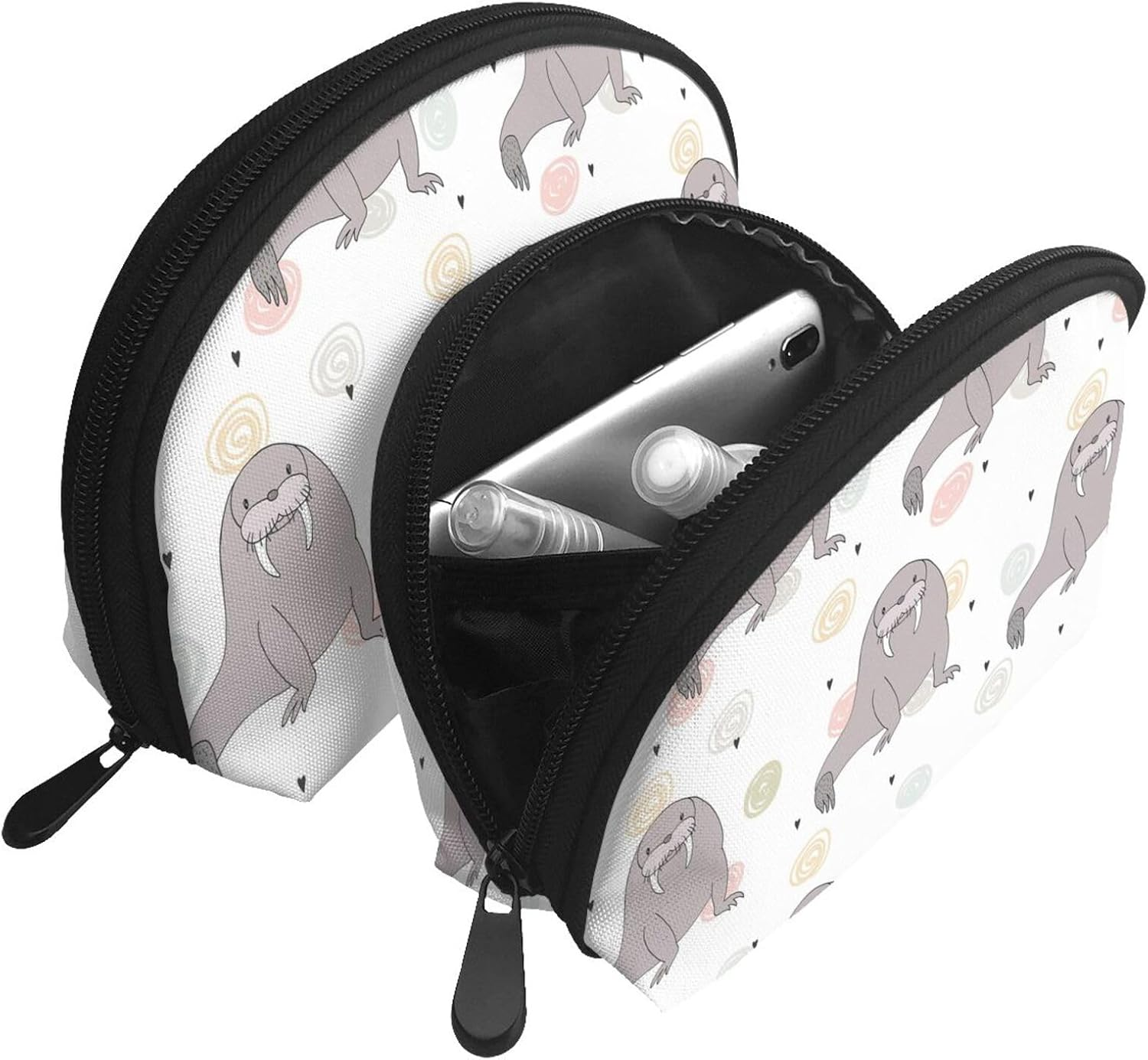 Cozimangoe Coin Pouch Makeup Bags Set, 2 Piece Shell Shape Cosmetic Bag with Pockets for Daily Travel Handbag Lipstick Keys Toiletry, Personalized Seal and Walrus Pattern image number 5