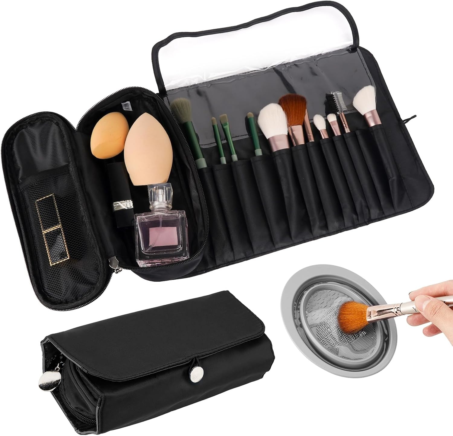 DODAMOUR Makeup Brush Case with Silicone Makeup Brush Cleaner Bowl, Portable Travel Makeup Brush Holder, Waterproof Cosmetic Brush Rolling Foldable Storage Bag (Black) image number 3