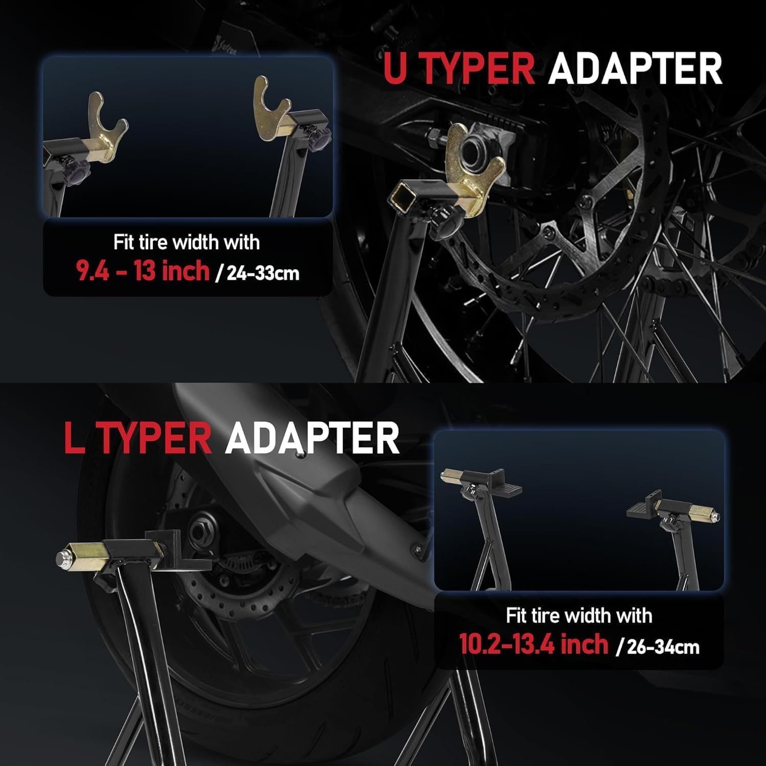 Motorcycle Stands, 400Kg Capacity Front Rear Wheels Lift Combo with U+L Adjustable Swingarm Spool, Heavy Duty Paddock Stands for BMW Suzuki Yamaha Honda Kawasaki, Black