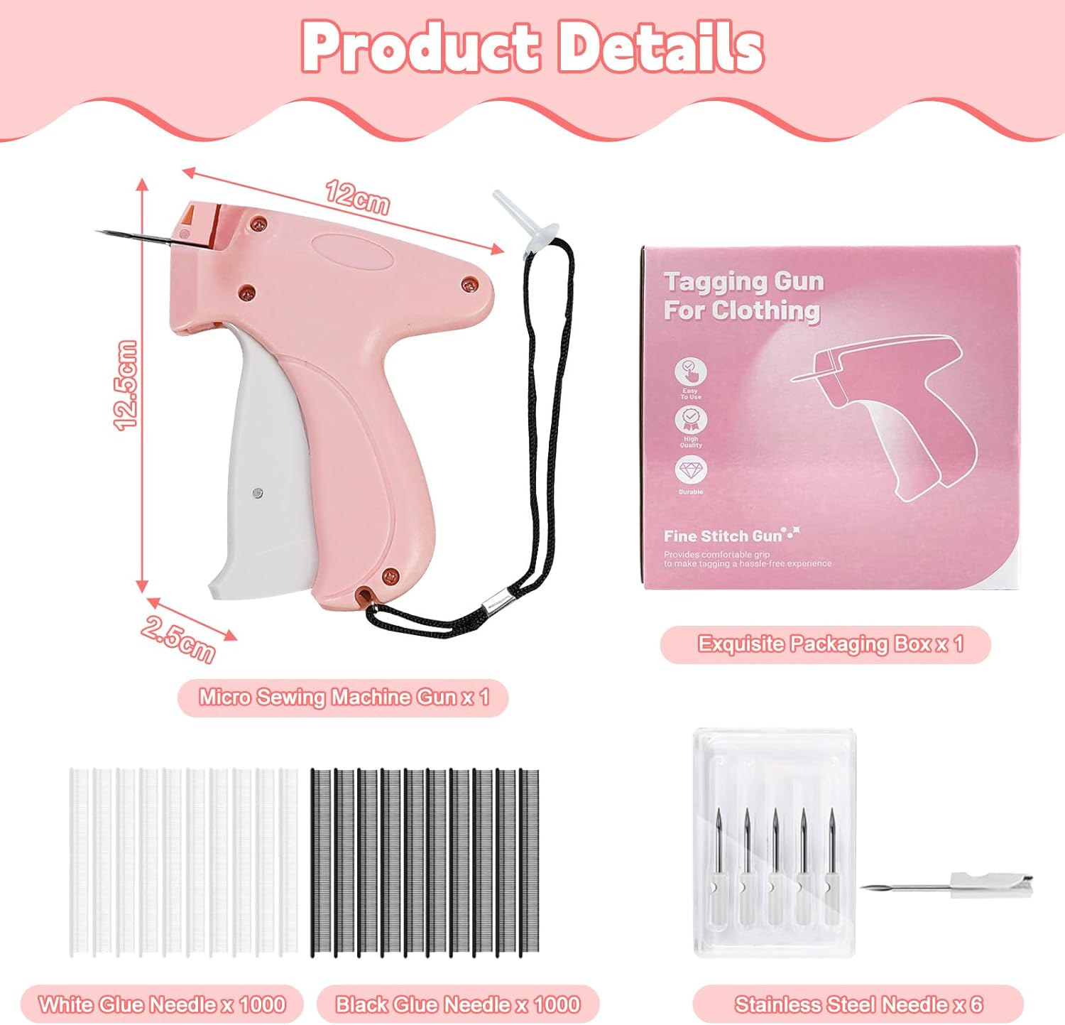 Pearyaest Handheld Stitch Gun for Clothes,Quick Clothing Fixer with 5 Needles,Mini Tagging Gun for Sewing,Hemming,Quilting1000 Black Fasteners & 1000 White Fasteners,Mini Sewing Kit Micro(Pink) image number 1