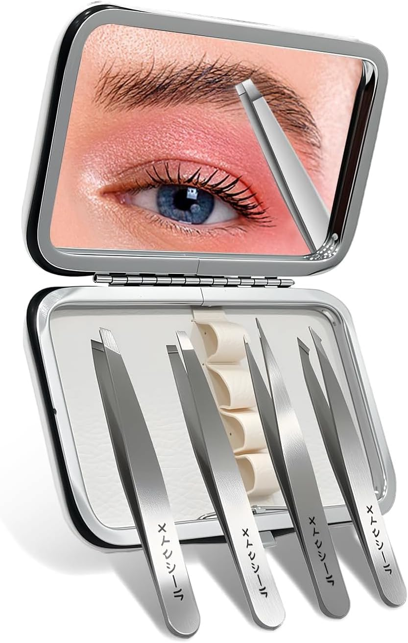Eyebrow Tweezers Set with Mirror and Leather Travel Case,Ideal for Gifts, Professional Stainless Steel Tweezers for Plucking Eyebrows, Facial Hair, and Removing Ingrown Hair, 4 Pack image number 4