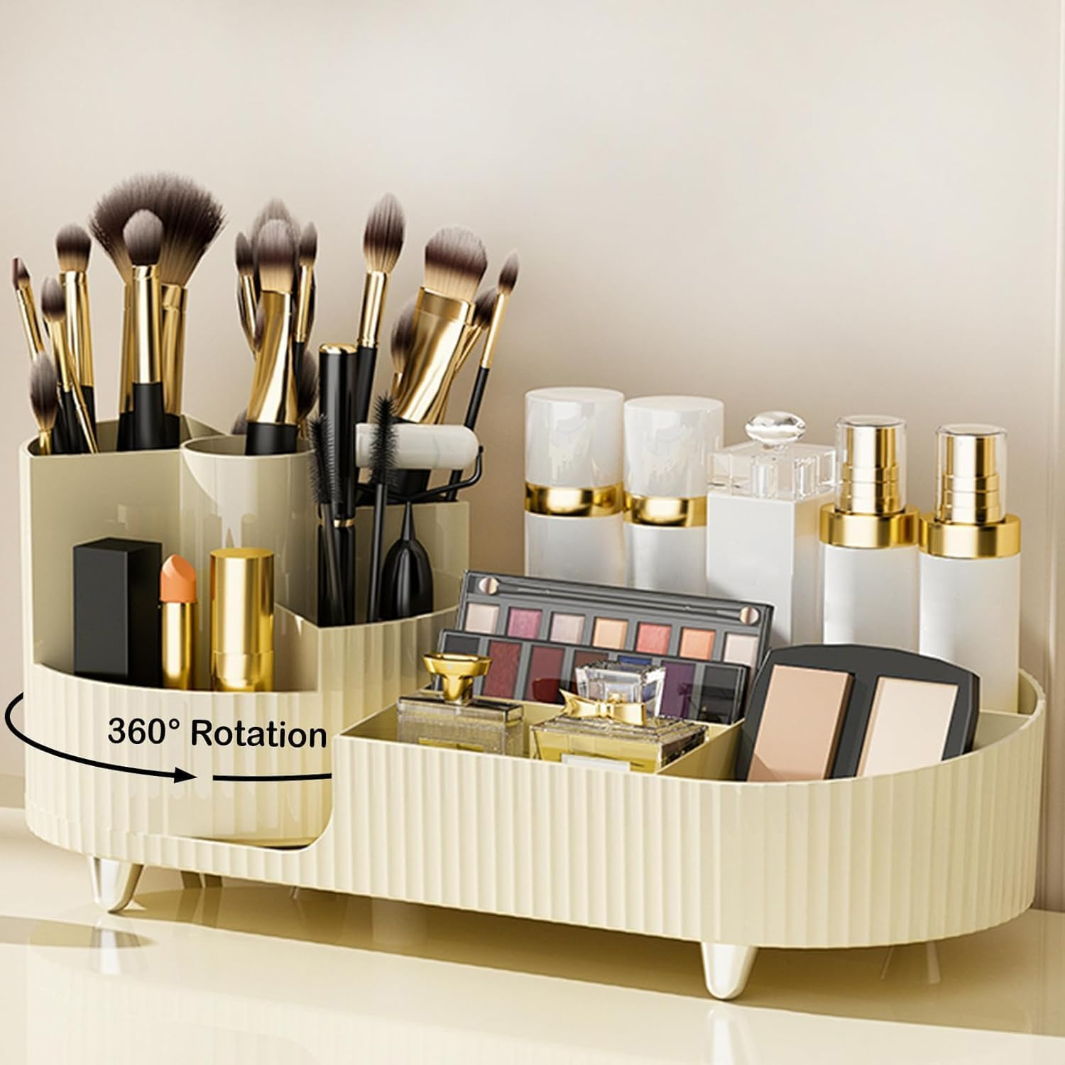 METOY Rotating Makeup Organizer,Large Capacity Cosmetic Display Case, Easy to Hold All of Your Makeup Products, at Least 20 Makeup Brushes/Eyeliner,10 Lipsticks,8 Skincare Products (Beige)