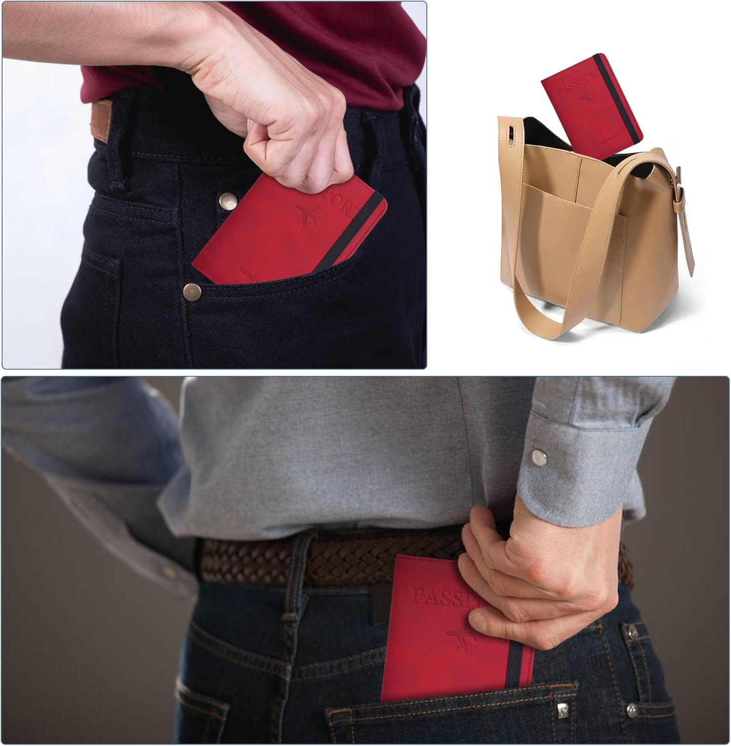 Passport Holder, Passport Cover with Credit Card Slot and Boarding Pass Slot Combo, Passport Wallet Case Book Travel Must Have, RFID Blocking Leather Travel Accessories, Red, Classic image number 5