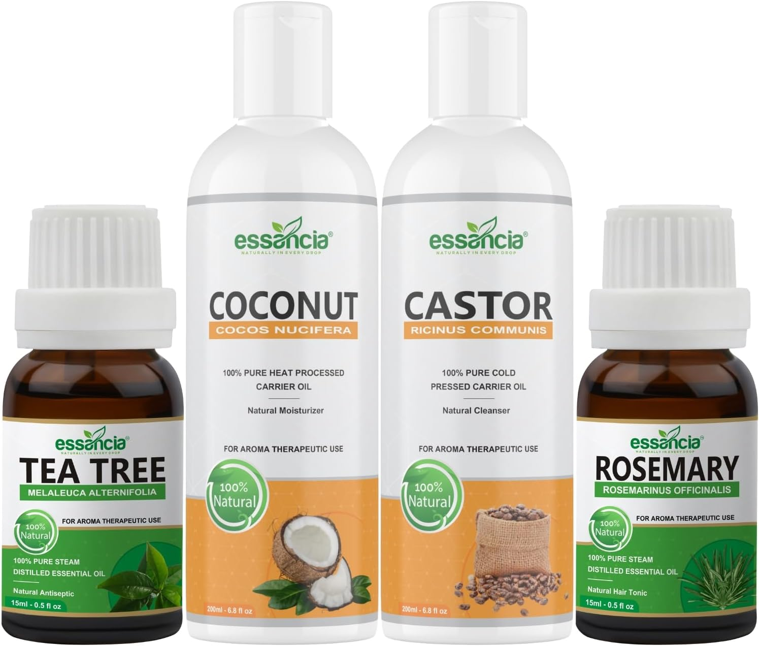 Essancia Hair Oils Combo/Hair Care Kit (Castor Oil + Coconut Oil + Tea Tree Oil + Rosemary Oil) Controls Hair Fall - Promotes Healthy Hair Growth image number 5
