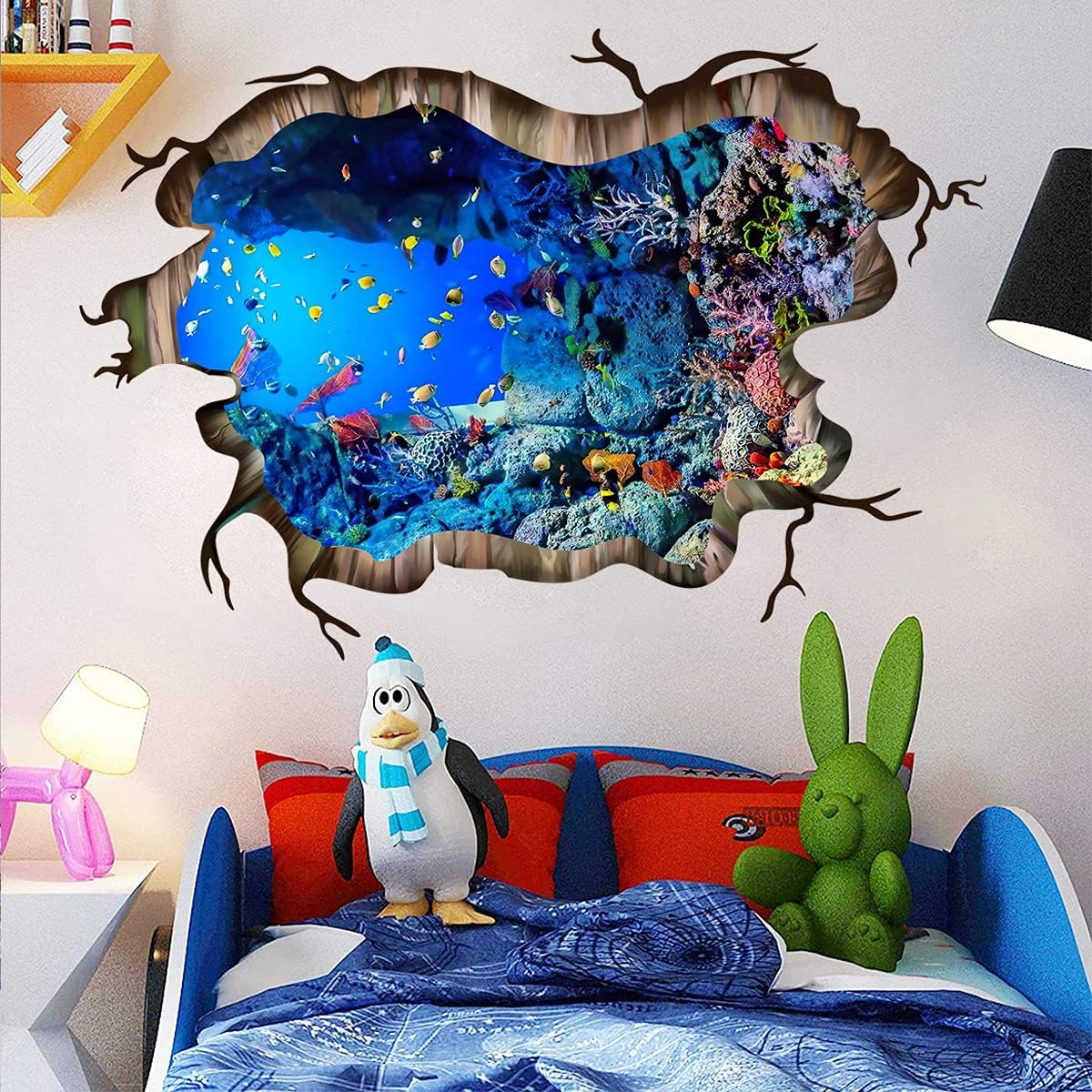 Pinenjoy 3D Underwater World Wall Decal Vivid Ocean Sea Life Wall Stickers Removable Self-Adhesive Vinyl Wall Art Decals for Home Floor Ceiling Bedroom Nursery Living Room Playroom Decor image number 3