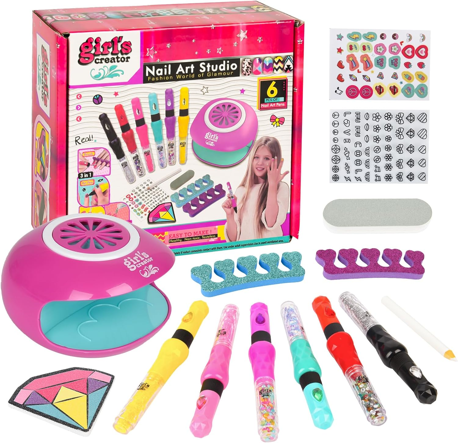 CYZAM Nail Art Studio for Girls, Nail Polish Kit for Kids Age 6-12, 3 in 1 Nail Polish Pen, Nail Dryer, Stickers, Glitter, Decoration Supplies, Non Toxic Nail Polish, Girls Stuff for Spa 6 7 8 9 10 12 Years image number 1