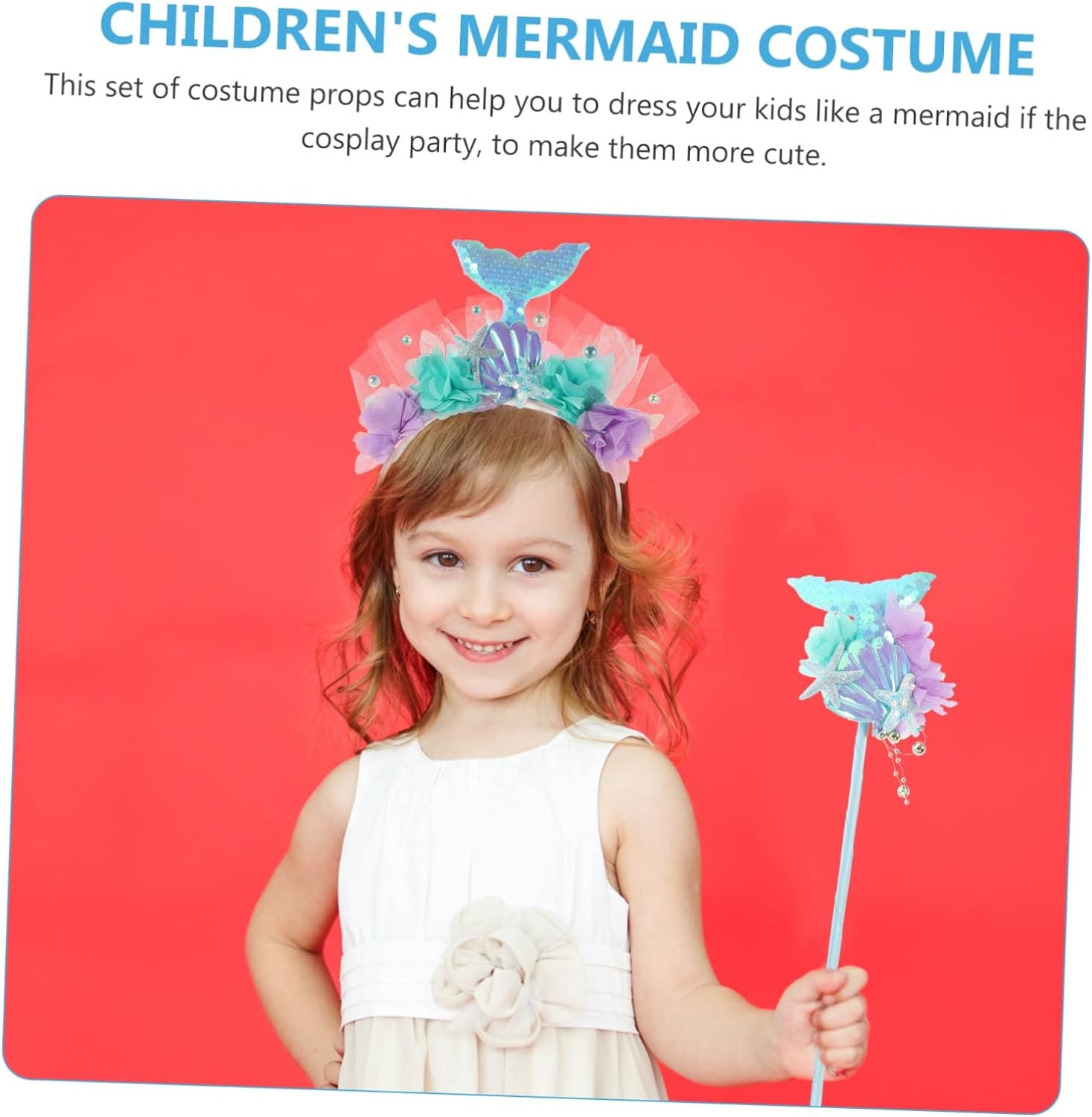 1Set Mermaid Costume Set Sequin Crown Headband Fairy Wand for Accessories for Birthday Cosplay Parties Decorative Hair Hoop Girls Mermaid Props image number 1