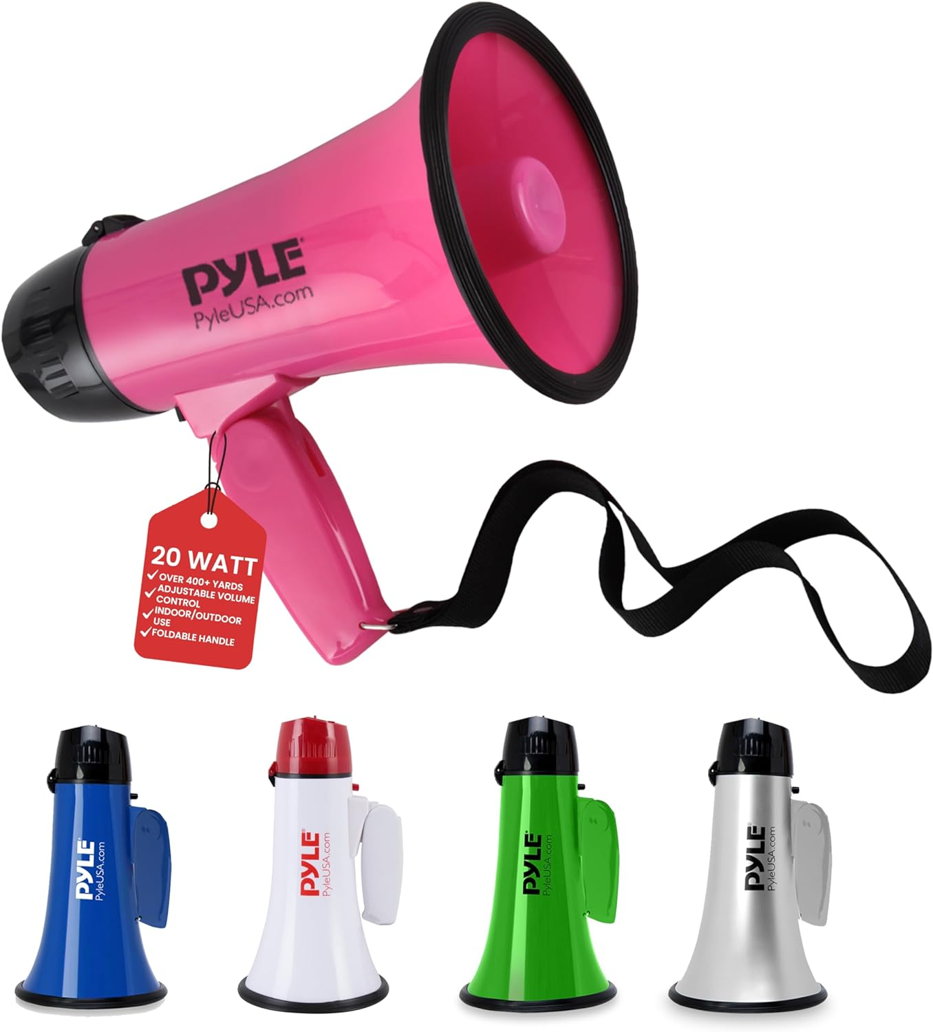 Pyle-Pro Portable Megaphone Speaker Siren Bullhorn - Compact and Battery Operated with 20 Watt Power, Microphone, 2 Modes, PA Sound and Foldable Handle for Cheerleading & Police Use-Pmp23Sl (Silver)