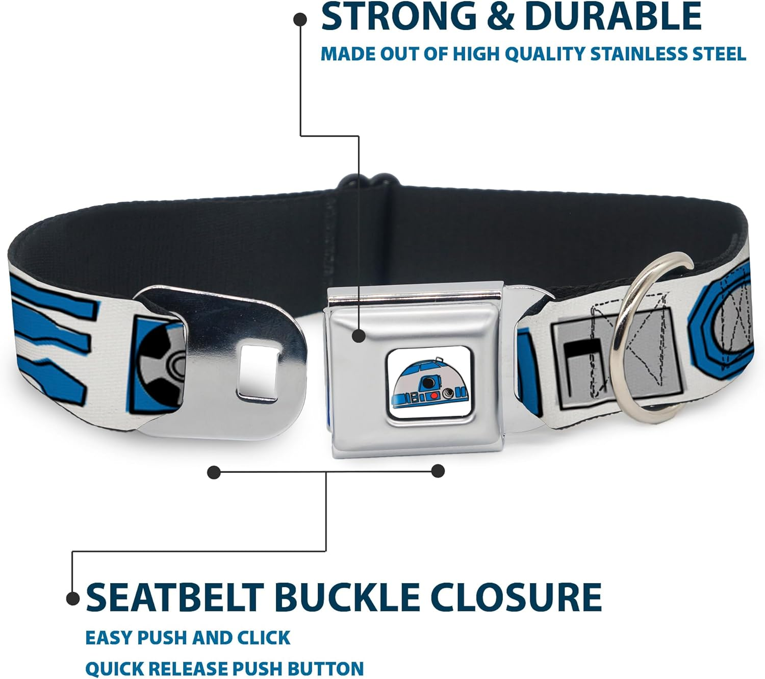 Dog Collar Seatbelt Buckle Star Wars R2D2 Bounding Parts White Black Blue Gray Red 15 to 26 Inches 1.0 Inch Wide image number 1