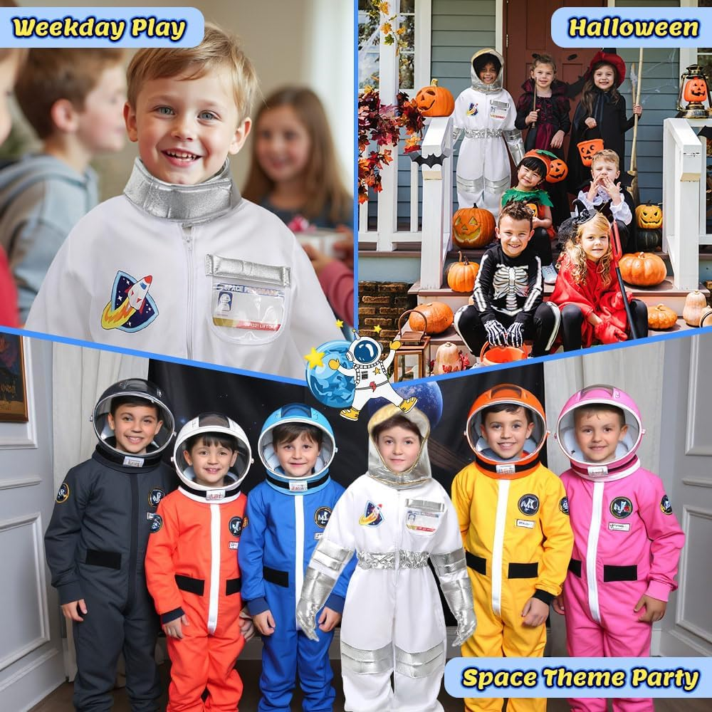AUTOWT Astronaut Costume Set for Kids, 3 PCS Zippered Space Jumpsuit, White Pilot Spacesuit Breathable Astronaut Dress up Clothes with Space NASA Hat Gloves for Boys Girls Aged 3 4 5 6 7 8 image number 6