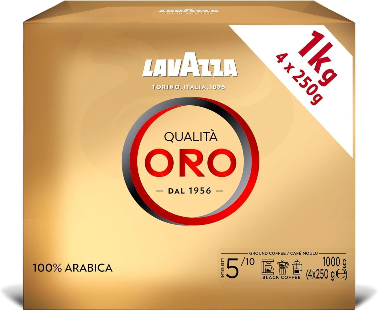 Lavazza, Qualit&agrave; Oro, 1 Kg, Ground Coffee, Ideal for Moka Pot, Filtered Coffee and French Press, with Aromatic Notes of Fruit and Flowers, 100% Arabica, Intensity 5/10, Medium Roast, 4 X 250G