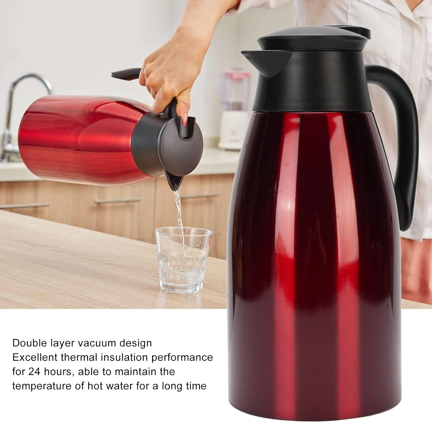 Thermal Coffee Carafe 68Oz / 2L, Coffee Carafe for Keeping Hot, 12 Hours Hot Beverage Dispenser, Insulated Stainless Steel Carafe for Hot Liquids, Coffee Dispenser for Parties, Red