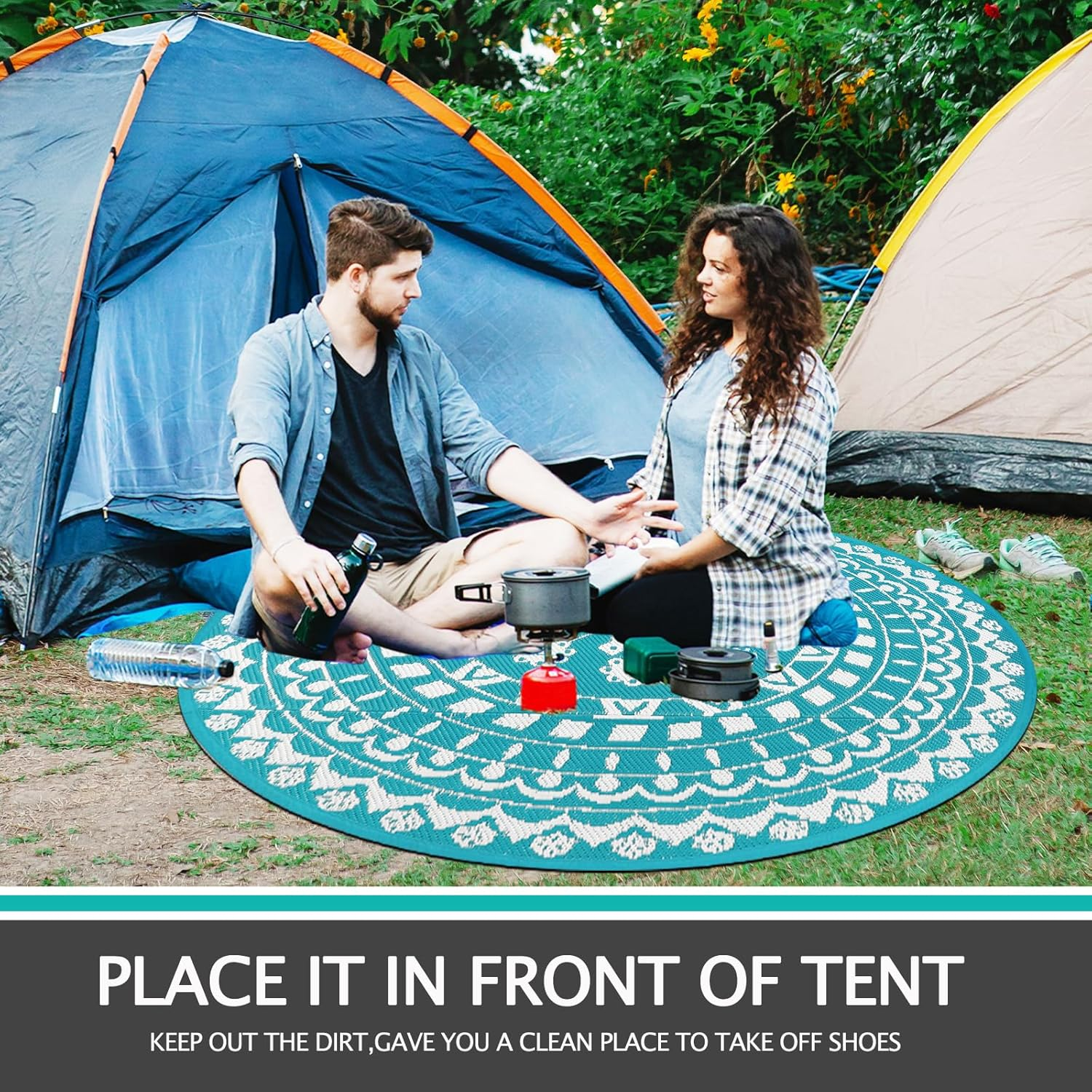 Capslpad round Outdoor Rug for Patio 150Cm Boho Reversible RV Mat Waterproof Outdoor Plastic Straw RV Camping Rug outside Circle Area Rug for Porch Deck Terrace Picnic Beach Apartment Pool Decor,Teal image number 6