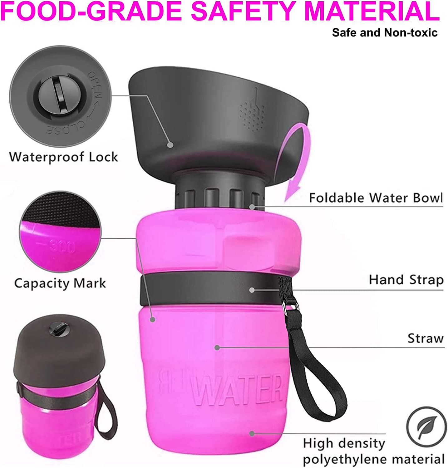 Pet Water Bottle, Folding Silicone Lid/Bowl, Food Grade, Travel Water Bottle, Dog Water Bottle (Pink) image number 6