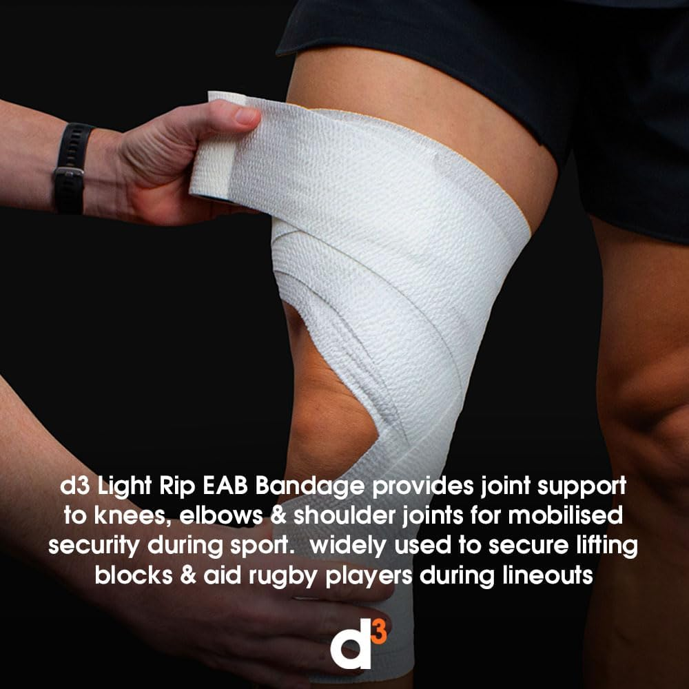 D3 Light Rip EAB Elastic Adhesive Bandage White 75Mm X 7M (3 Rolls) Hand-Tearable Thigh, Knee, Shoulder & Elbow Rugby Lineout Lifting Tape & Joint Injury Medical Strapping