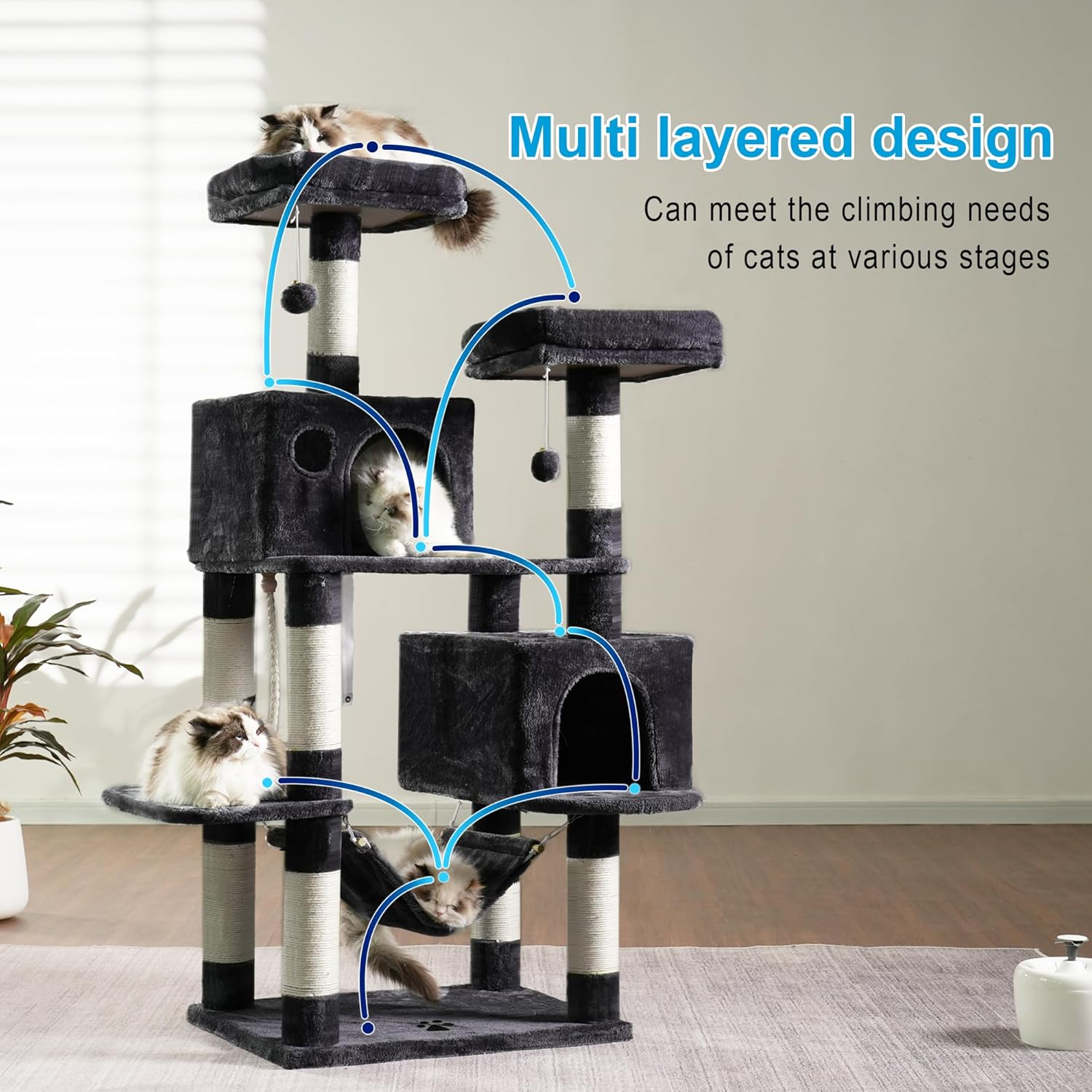 Hey-Brother Large Multi-Level Cat Tree Condo Furniture with Sisal-Covered Scratching Posts, 2 Bigger Plush Condos, Perch Hammock for Kittens, Cats and Pets Smoky Gray MPJ020G - Beige image number 5