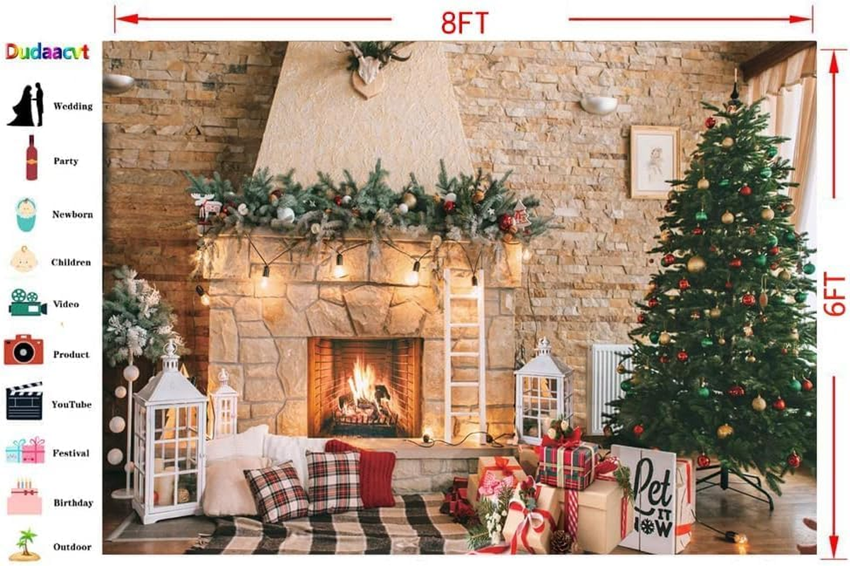 Dudaacvt 8X6Ft Christmas Fireplace Theme Backdrop Christmas Photography Backdrop Merry Xmas Sock Gift Decorations Family Party Supplies Banner Booth Props image number 1