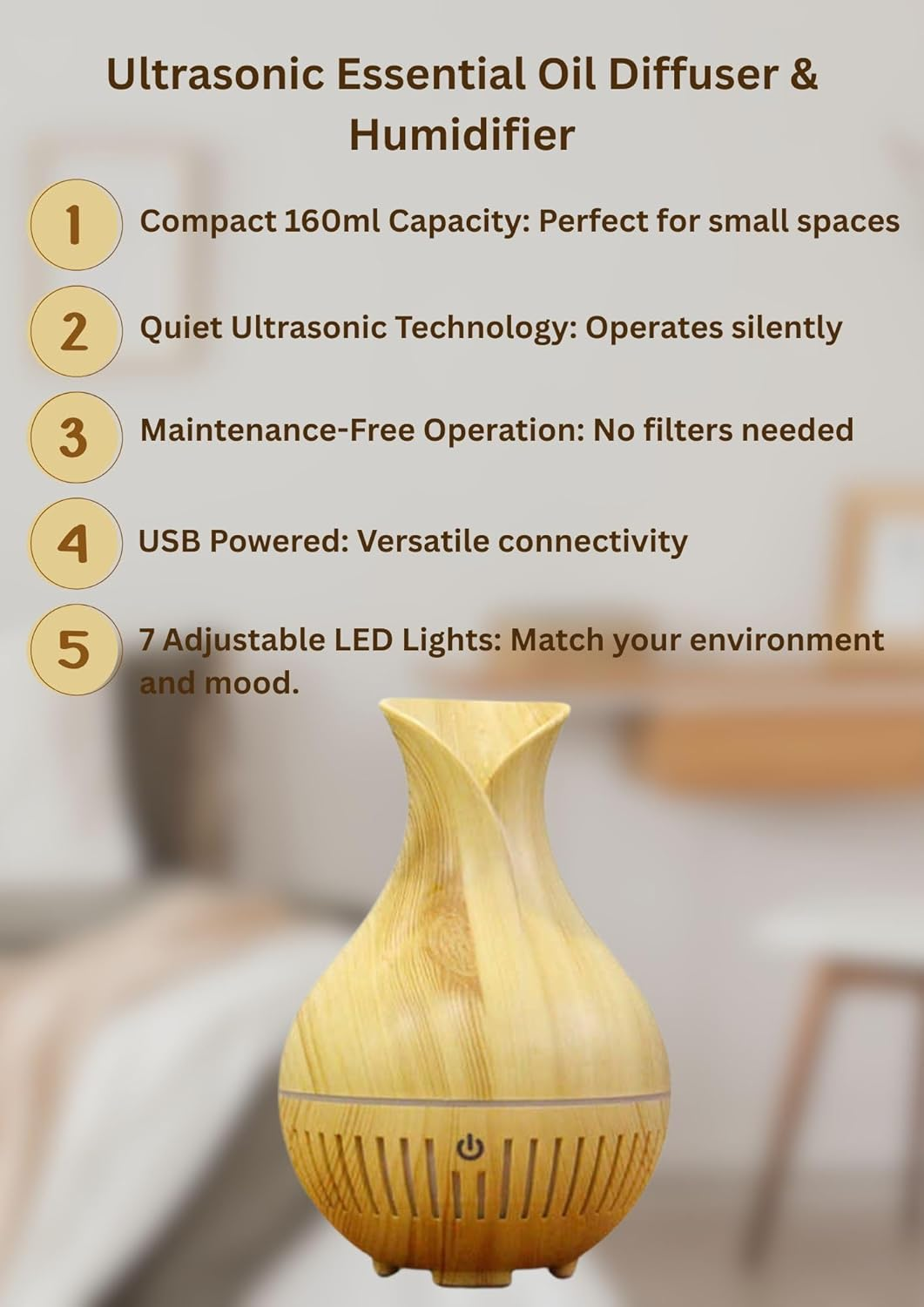 Mini Diffuser Humidifier, Essential Oils Aromatherapy Diffuser, 160Ml Ultrasonic Diffuser, Atomization Humidifier (Dark Wood Grain). No Filter Needed image number 5
