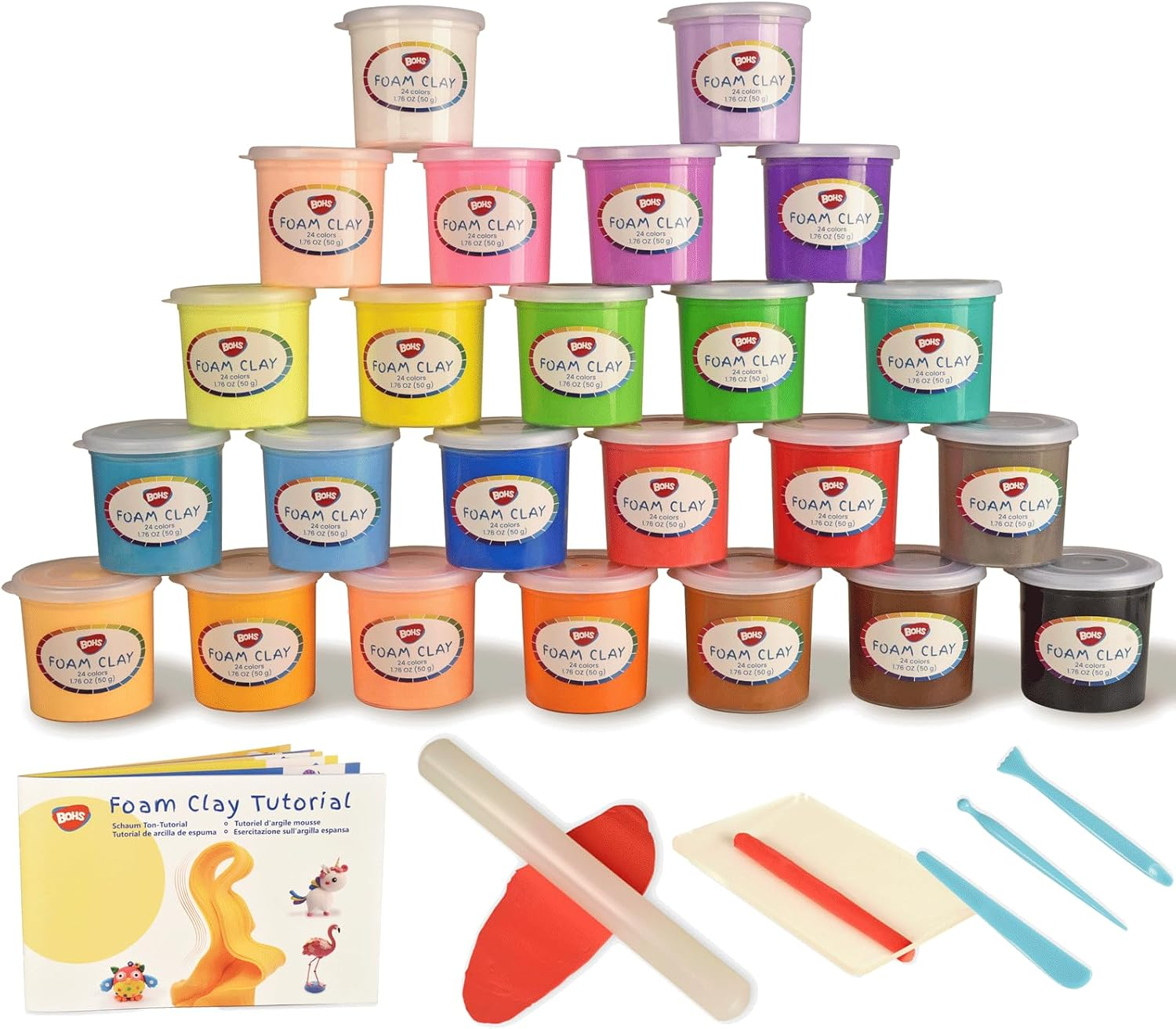 BOHS Modeling Foam Clay Tools Kit - Air Dry,Squishy - for Craft Project Supplies, Party Favors,Slime Making - 24 Colors,1.76 OZ (50 Grams) per Color - with Tools, Roller, and Cylinder Shaping Sheet image number 3