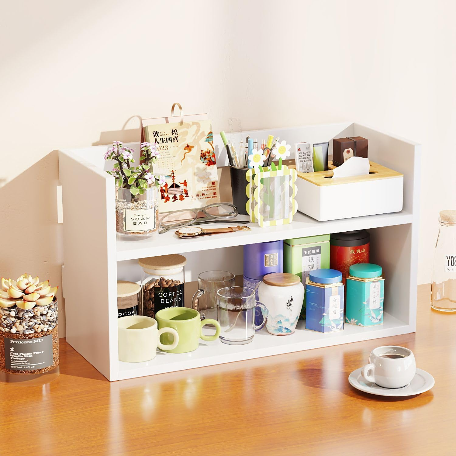 Hbluefat Desktop Organizer Shelf, Small Wood Desk Bookshelf, Tabletop Bookcase Display Storage Rack for Home Office Kitchen (2- Tier,White) image number 3